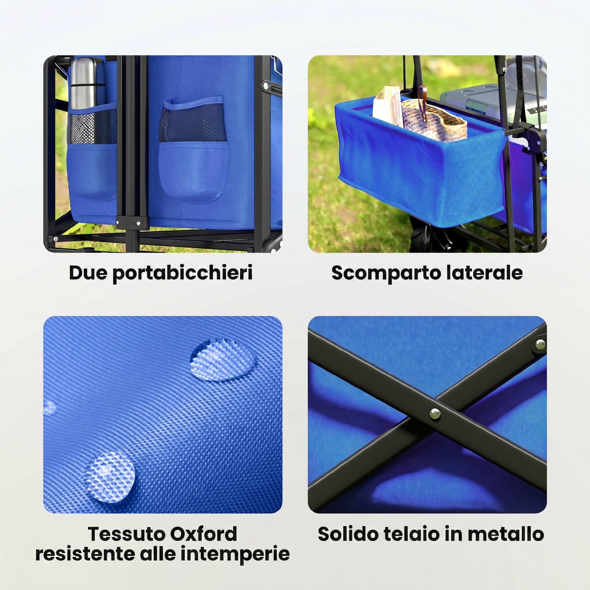 Outsunny Carro Transporte Plegable Ruedas Universales 117x55x98 cm Azul | Carro de Mano Plegable, Toldo, Manillar Regulable en Altura, Carga Máx. 68 kg, Carro Playa Plegable, Jardín Camping
