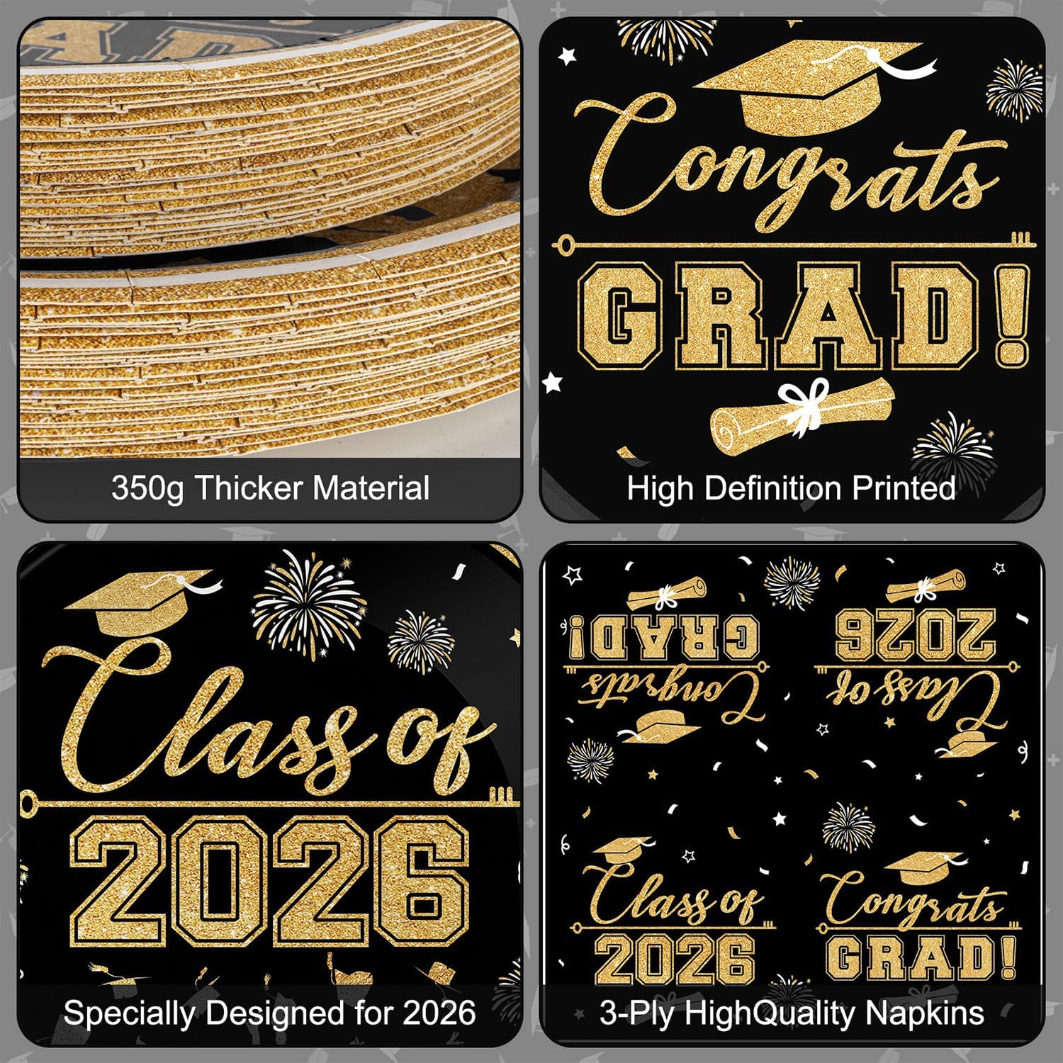 Class of 2026 Graduation Party Supplies - Congrats Grad Tableware Set, Black and Gold Paper Dessert Plates and Napkins for Graduation Table Decorations 2026 Grad Party Decor, Serves 25 - Image 4