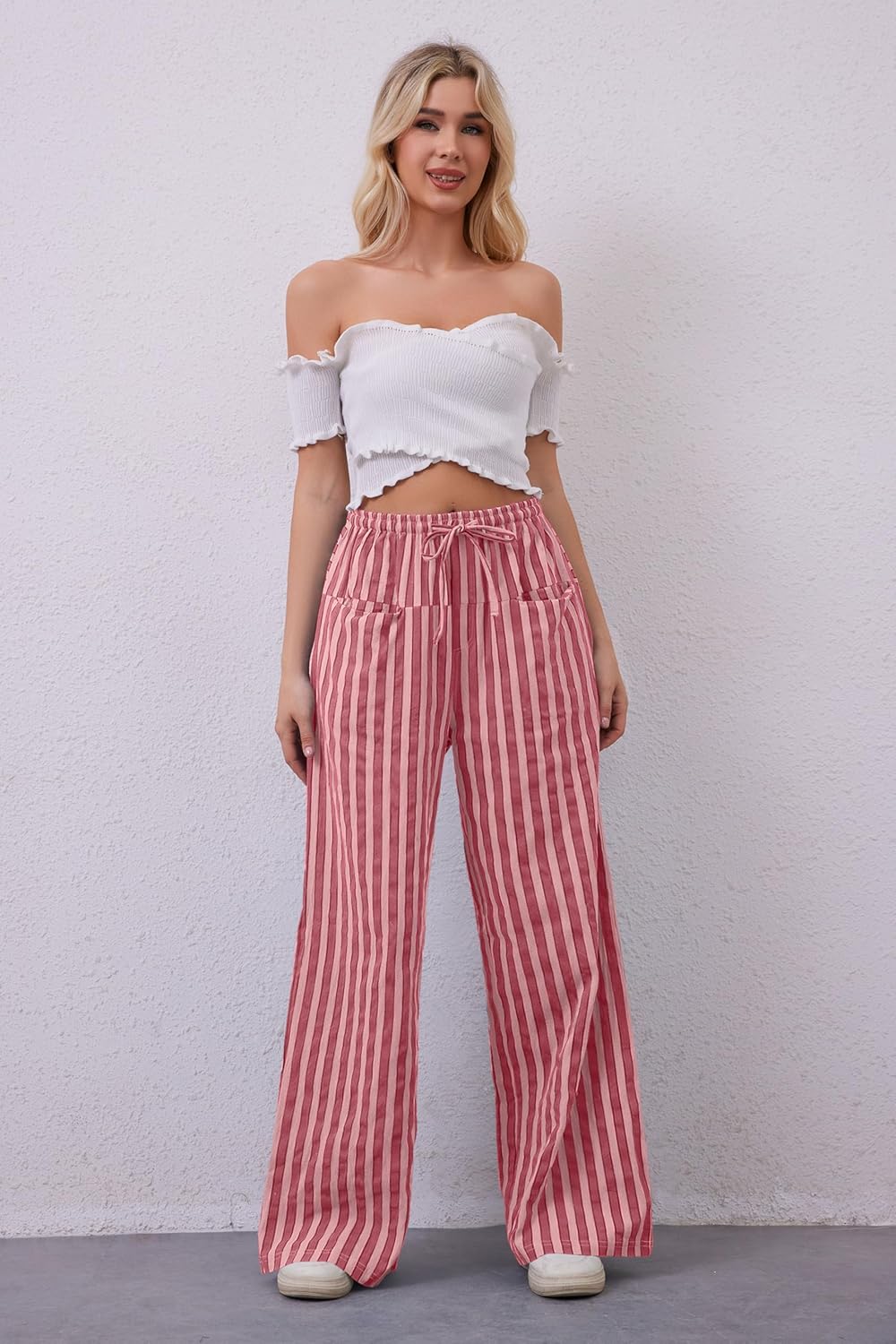 MISSACTIVER Women Drawstring Striped Pants Loose Wide Leg Trousers Casual Low Waist Pants Comfy Lounge Pants with Pockets - Image 7