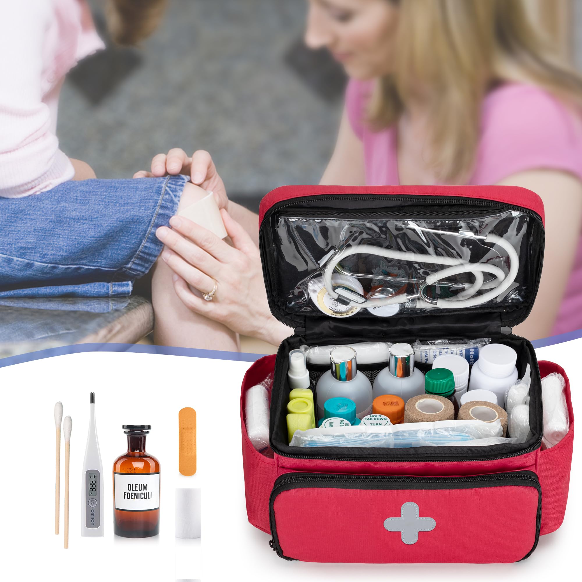 CURMIO Sac Familial de Rangement pour Médicaments, Organisateur de Premiers Secours Rouge