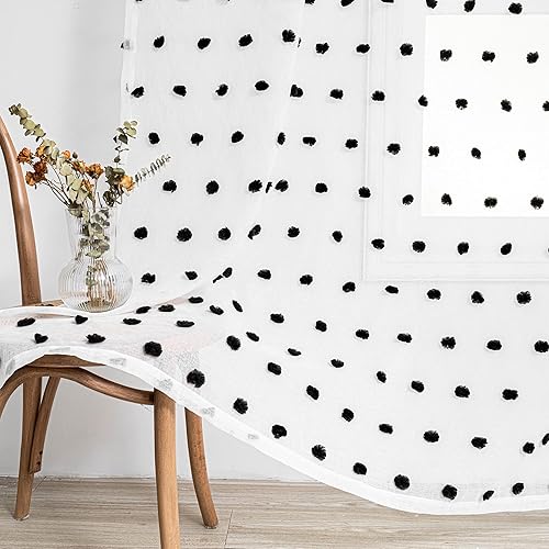MYSKY HOME Cortinas de 95 pulgadas de largo para puerta corredera, cortinas traslúcidas con pompones negros para sala de estar o dormitorio, 2