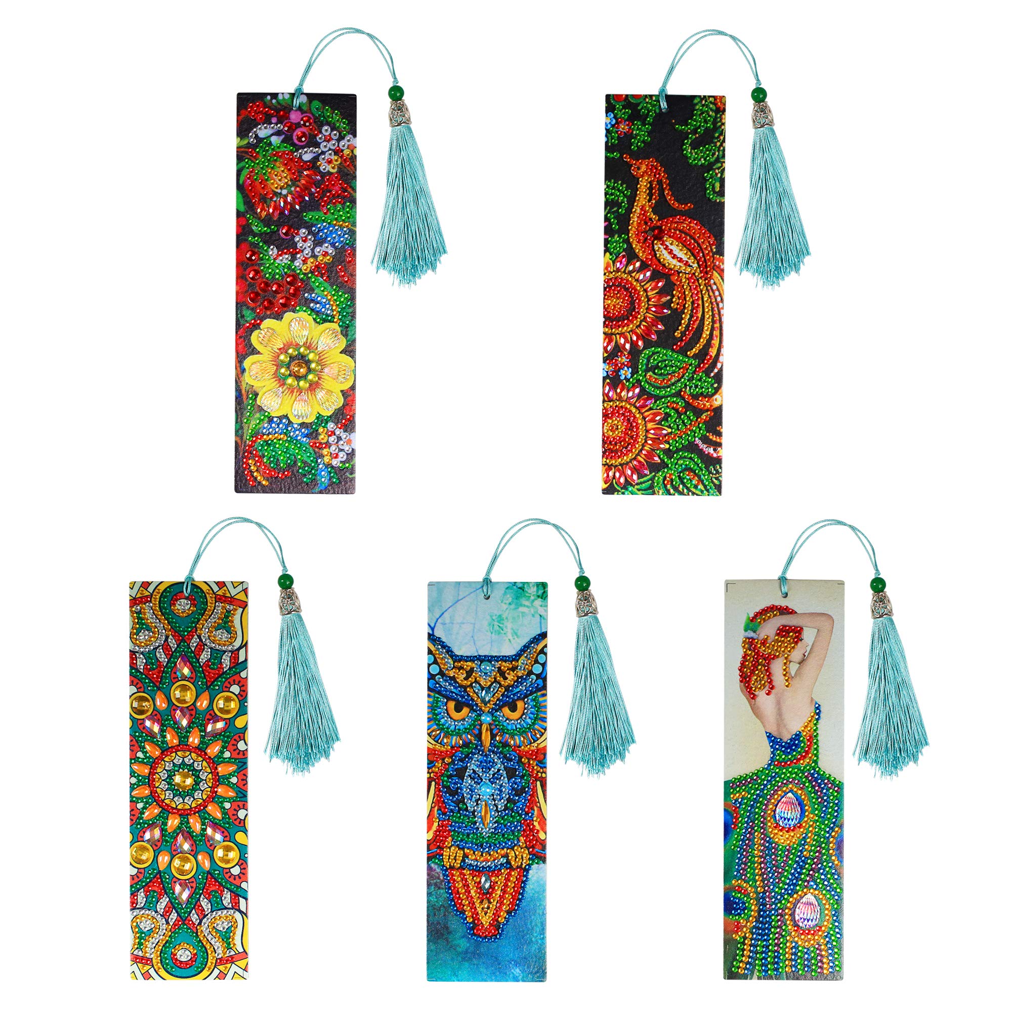 5 Pack Floral Diamond Painting Bookmark Pack - Plant& Animal Owl Bookmark 5D Beaded Green Peacock Princess Bookmark with DIY Art Crafts Kit for Beginner, 2.4x8”(5pcs)