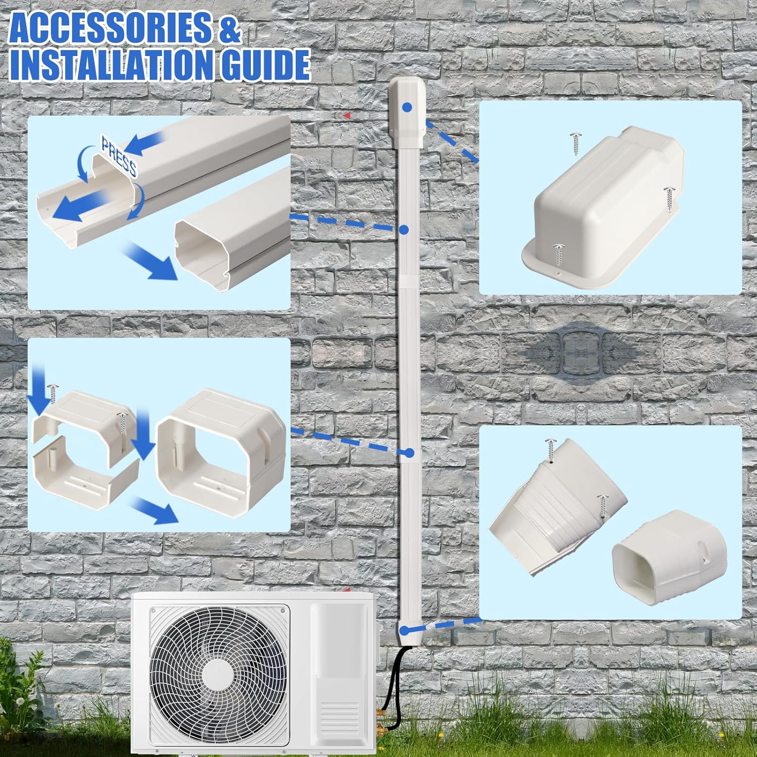 4" 7.5Ft Mini Split Line Set Cover, Plastic Line Kit for Outside Units, Mini Split Air Conditioner, Central AC and Heat Pump