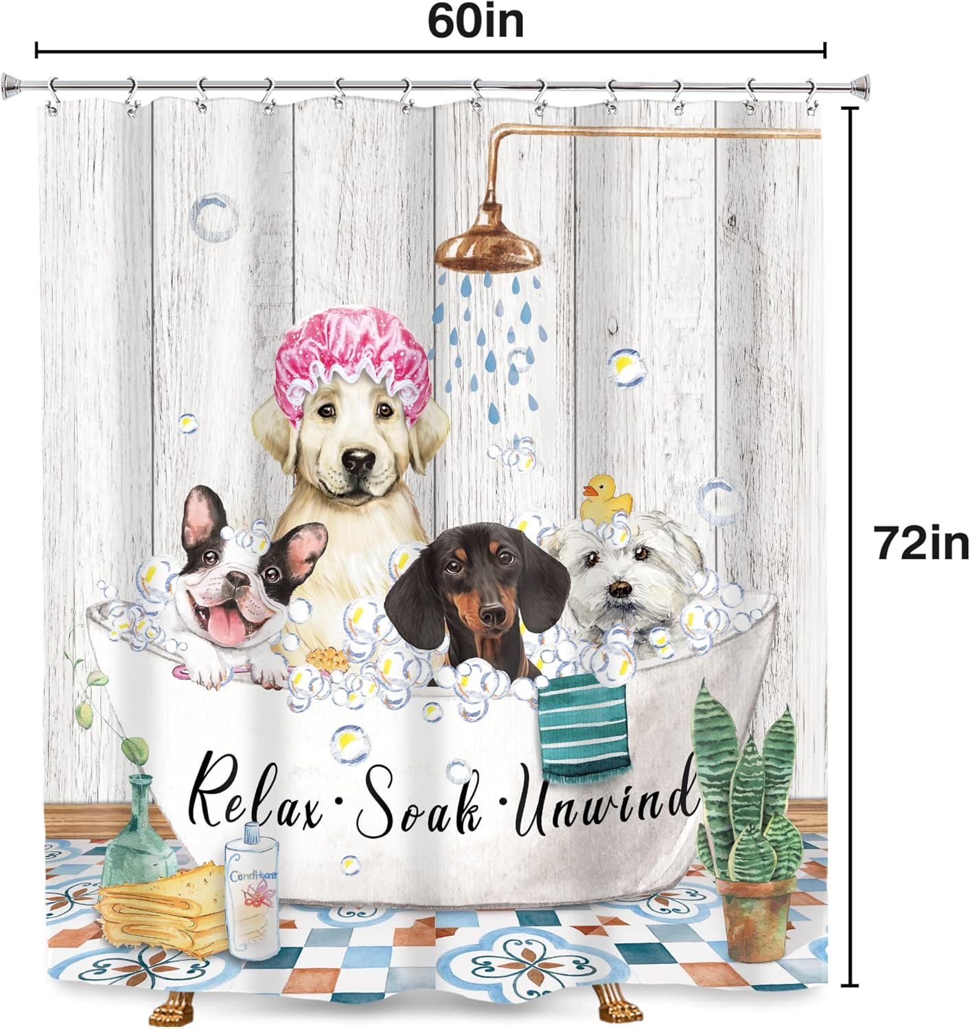 SVBright Funny Dog Shower Curtain 60Wx72L Inch Cute Kids Farmhouse Vintage Animals Puppy Shower Wooden Plank Bubbles Rustic 12 Pack Hooks Polyester Waterproof Fabric Bathroom Bathtub Panels