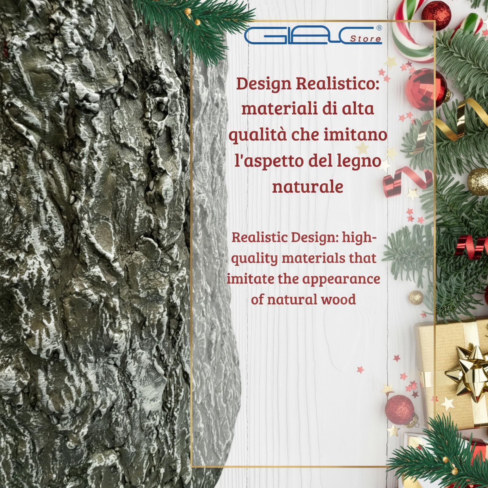 Base Tronco per Albero di Natale, Grigio Effetto Legno, 34x26x30 cm, Supporto Robusto con Design Rustico, capacità 4,25 kg, Montaggio Facile, per Alberi Fino a 240 cm