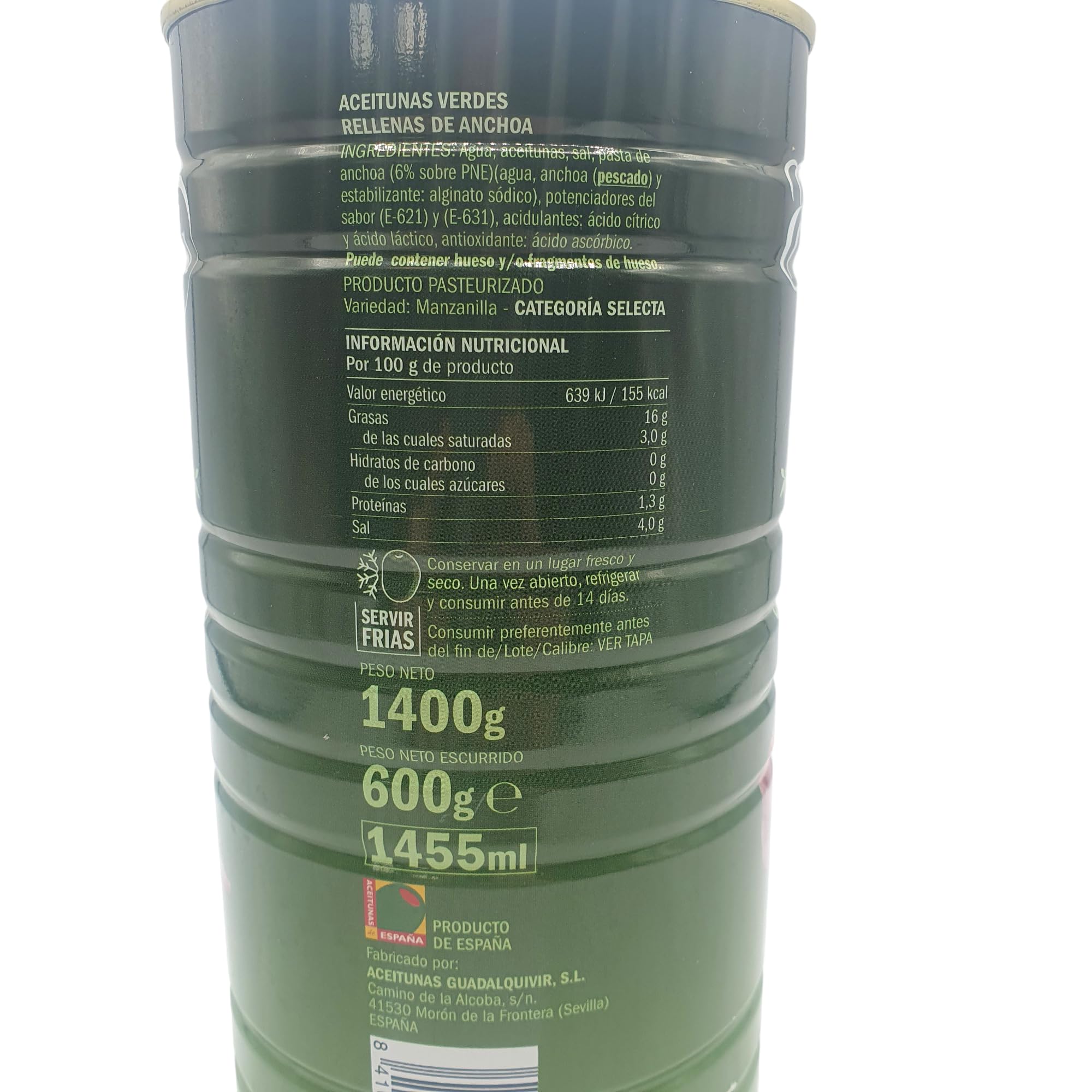 Aceitunas Rellenas de Anchoa Lata 1,4 kg Gran tamaño