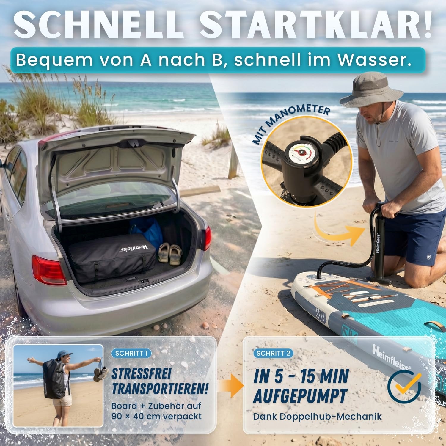 Heimfleiss® SUP Board aufblasbar | Stand Up Paddling Board Komplettset mit Sitz & Kajak-Funktion | Drop-Stitch PVC 320 x 81 x 15 cm bis 200 kg | Standup Paddle Board für Anfänger, Familie & Touren