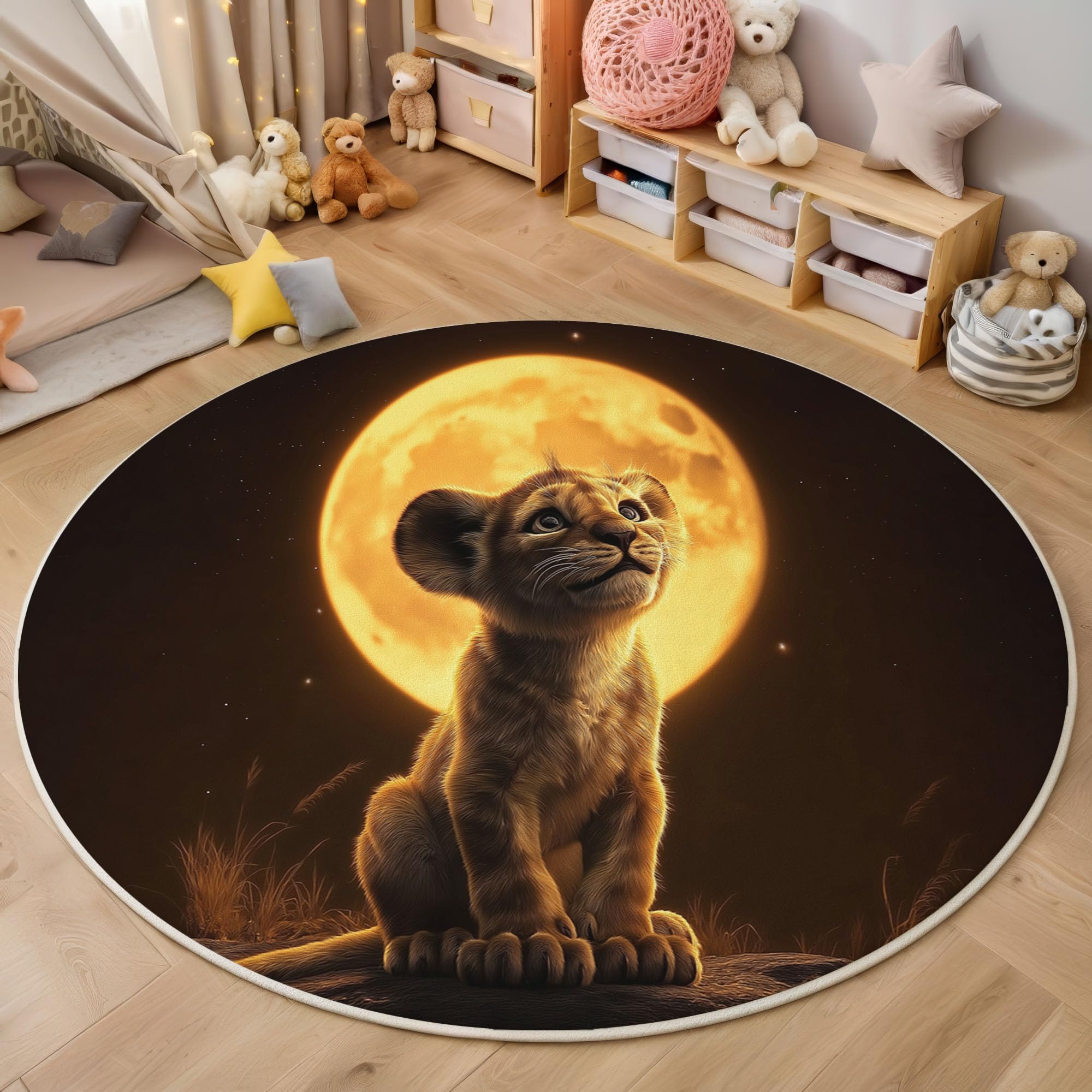 Tapis Rond pour Enfant - Illustrations d'animaux - Lune en Lion - pour Chambre d'enfant Salle de Jeux Chambre d'adolescent Salon - Jaune