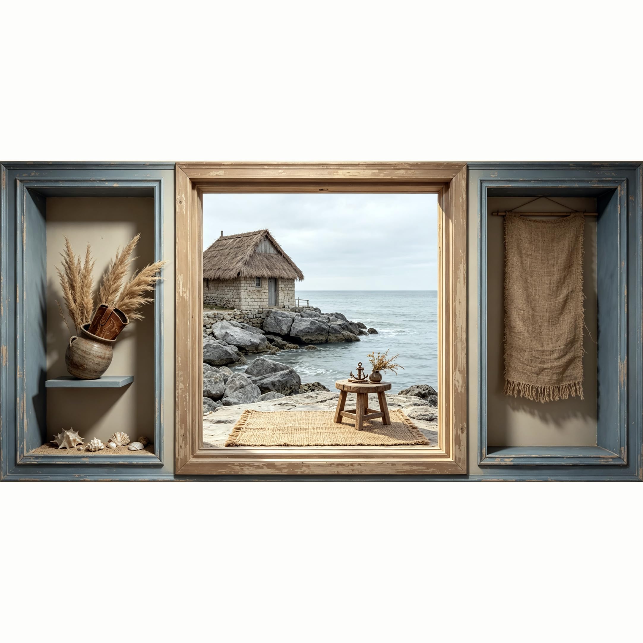 QZLITHOTIC 50x100cm 3D Framed Wall Art， Coastal Stone Cabin Seascape Self‑Adhesive Mural， Water‑Activated Peel & Stick Fabric Decor Wall Decal for Bedroom Living Room