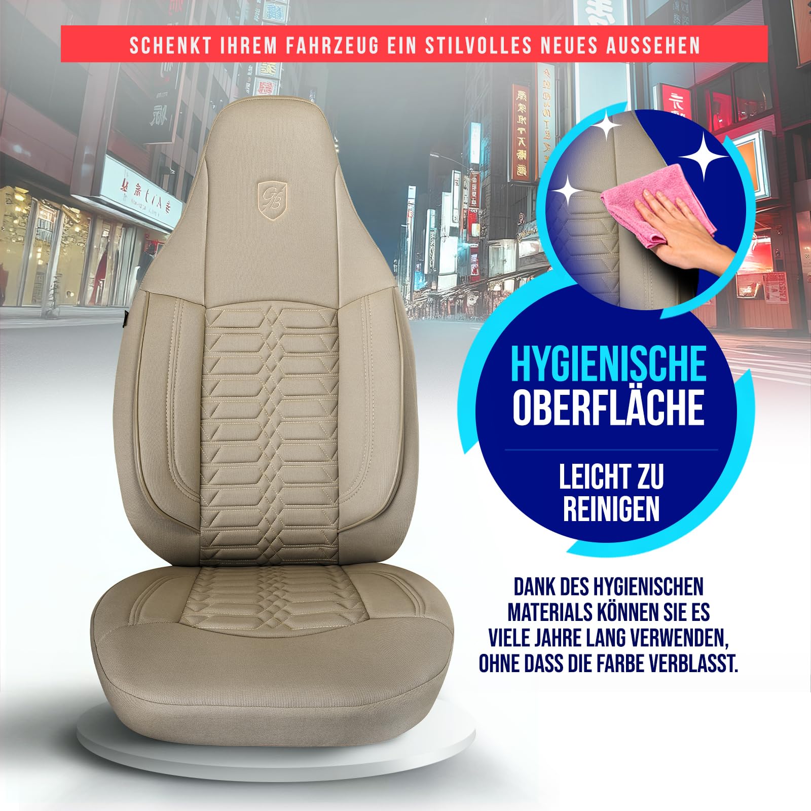 Autositzbezüge Universal für PKW & SUV – Premium Vordersitze Auto Sitzbezug aus Lacoste-Stoff, Beige, Airbag-Kompatibel Sitzauflage, Autoschonbezug, Vordersitz-Set inkl. Montageset