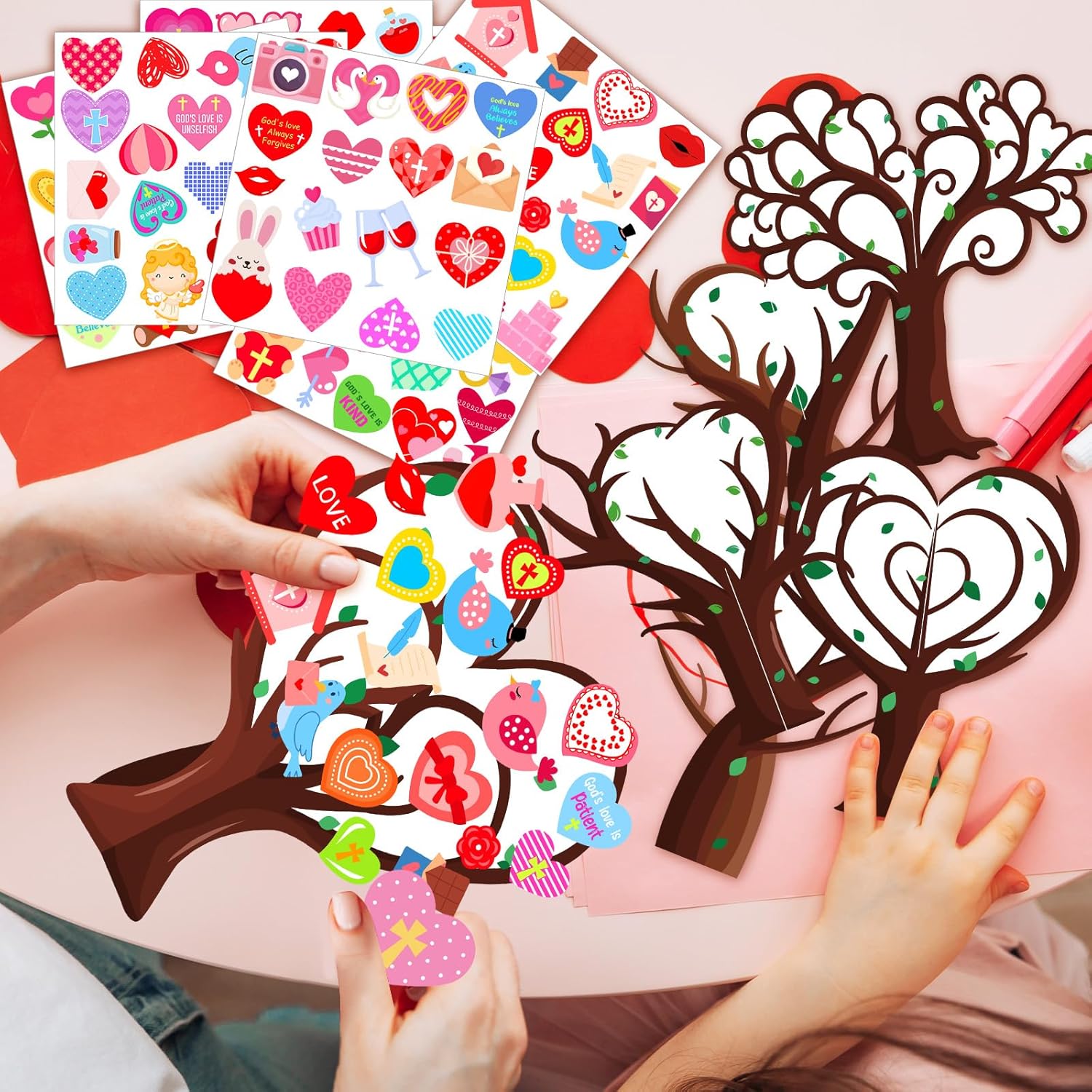 48 Pcs Religious Valentine's Day Crafts Kits Christian Valentine Heart Tree Craft Make Your Own Heart Decoration DIY 3D Paper Biblical Trees Art Gifts for Home Classroom Church DIY Project