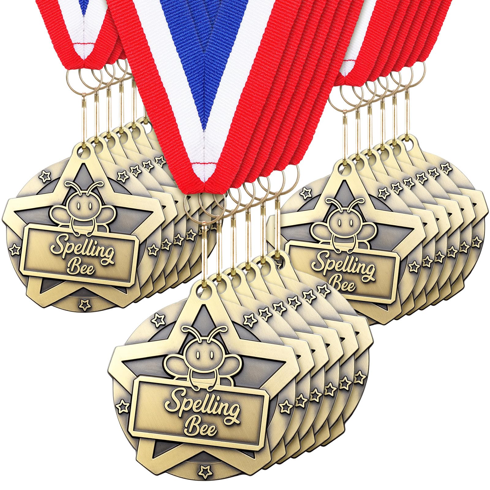 Quelay 30 medaglie premio da 5 cm, medaglie di ortografia sfuse con nastri per il collo, trofeo in metallo, premio regalo per tornei, concorsi, feste, bambini e adulti