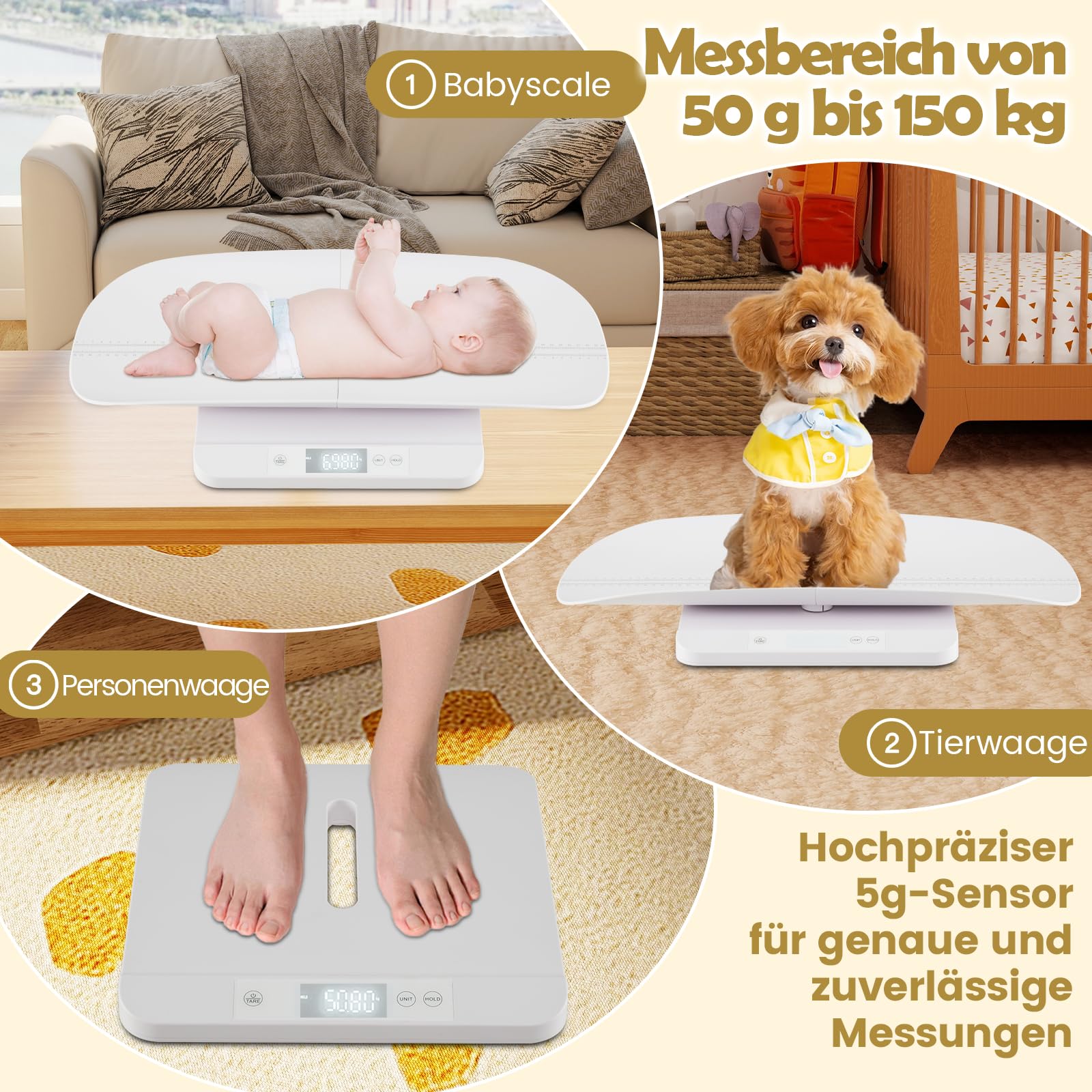 COSTWAY Babywaage digital, 50 g bis 150 kg, Kinderwaage mit abnehmbarem Tablett, Säuglingswaage mit LED-Anzeige, 5 Messmodi & Tarafunktion, Dititalwaage, Tierwaage für Baby, Erwachsene