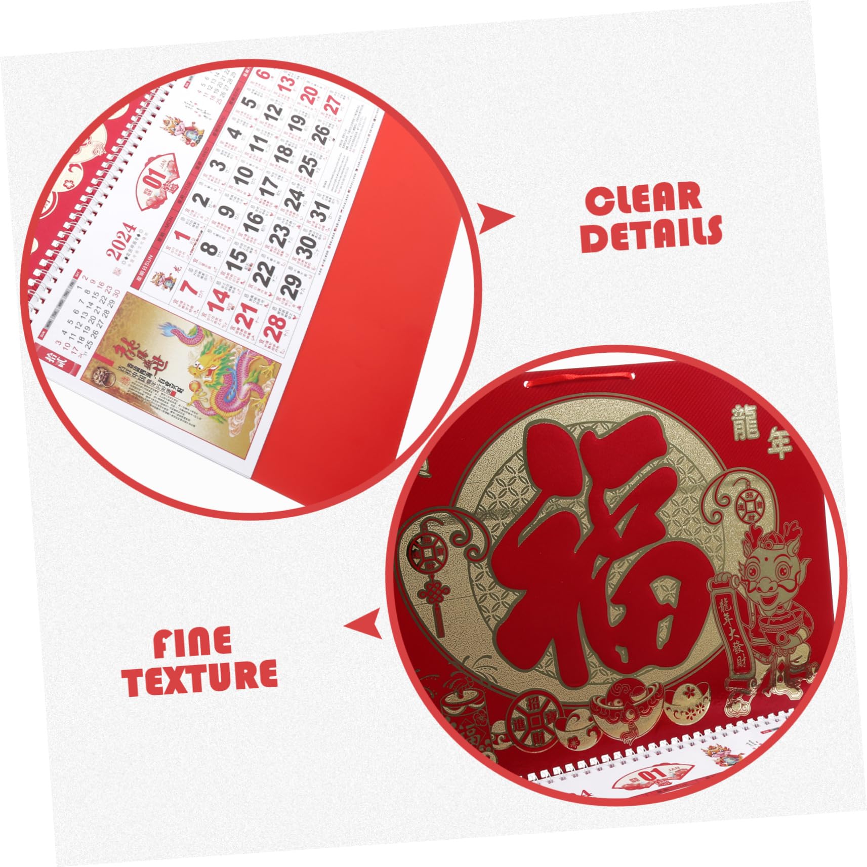 Housoutil 5 Piezas Calendario de Pared Colgante Año del Dragón con Calendario Lunar Detallado para y Oficina Diseño y Acabado Dorado