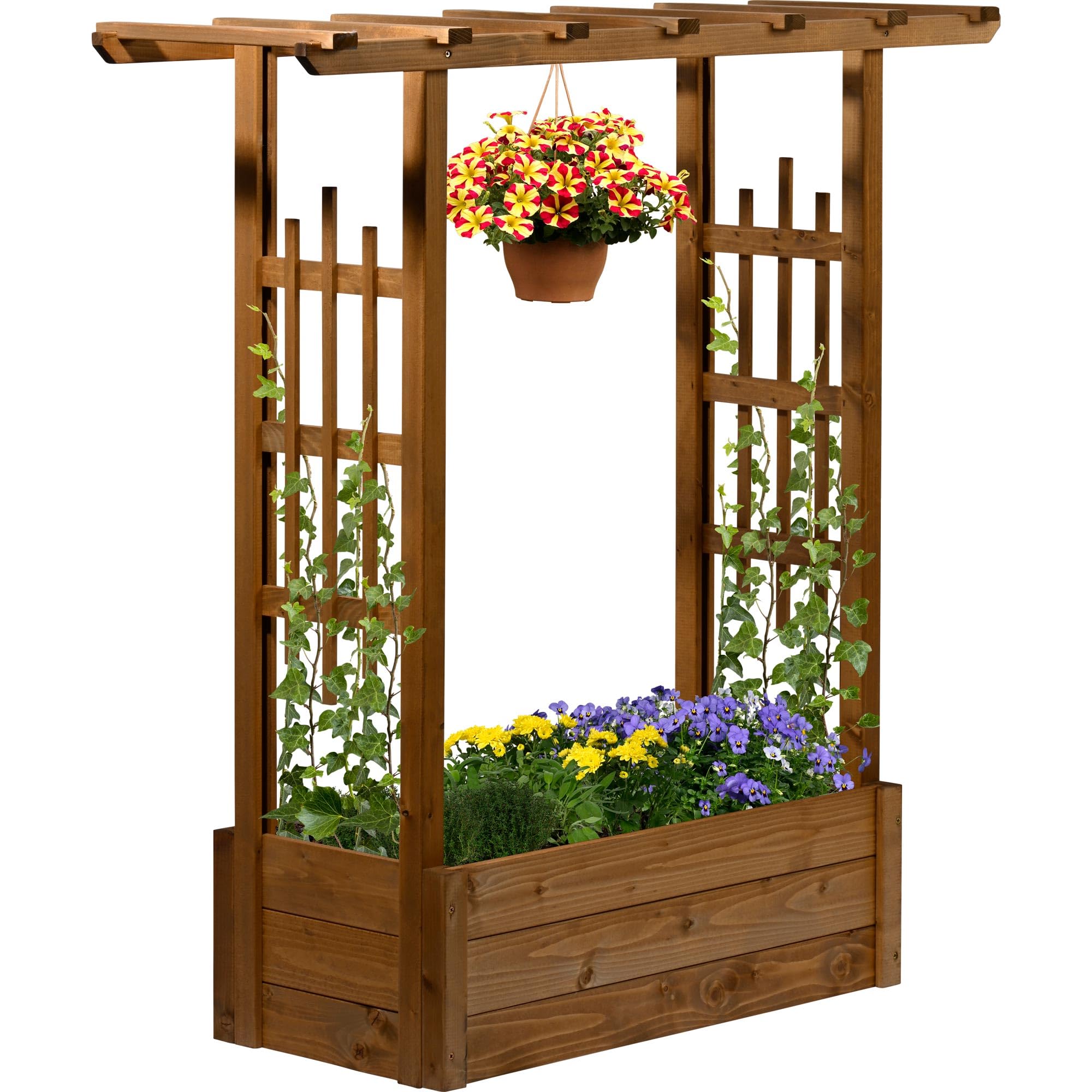 Jardinera pérgola dobar de madera de abeto marrón grande con soporte 117x39x119 cm