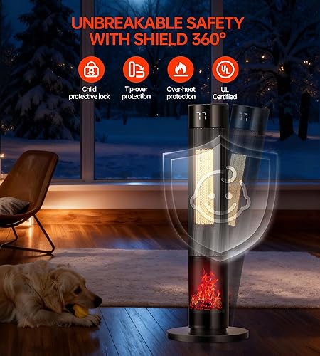 Miniatura 6 de Space Heaters for Indoor, 34Large PTC Ceramic Heater with Flame, 1500W Electric with Thermostat, 90Oscillating Portable Tower Heater with Remote for