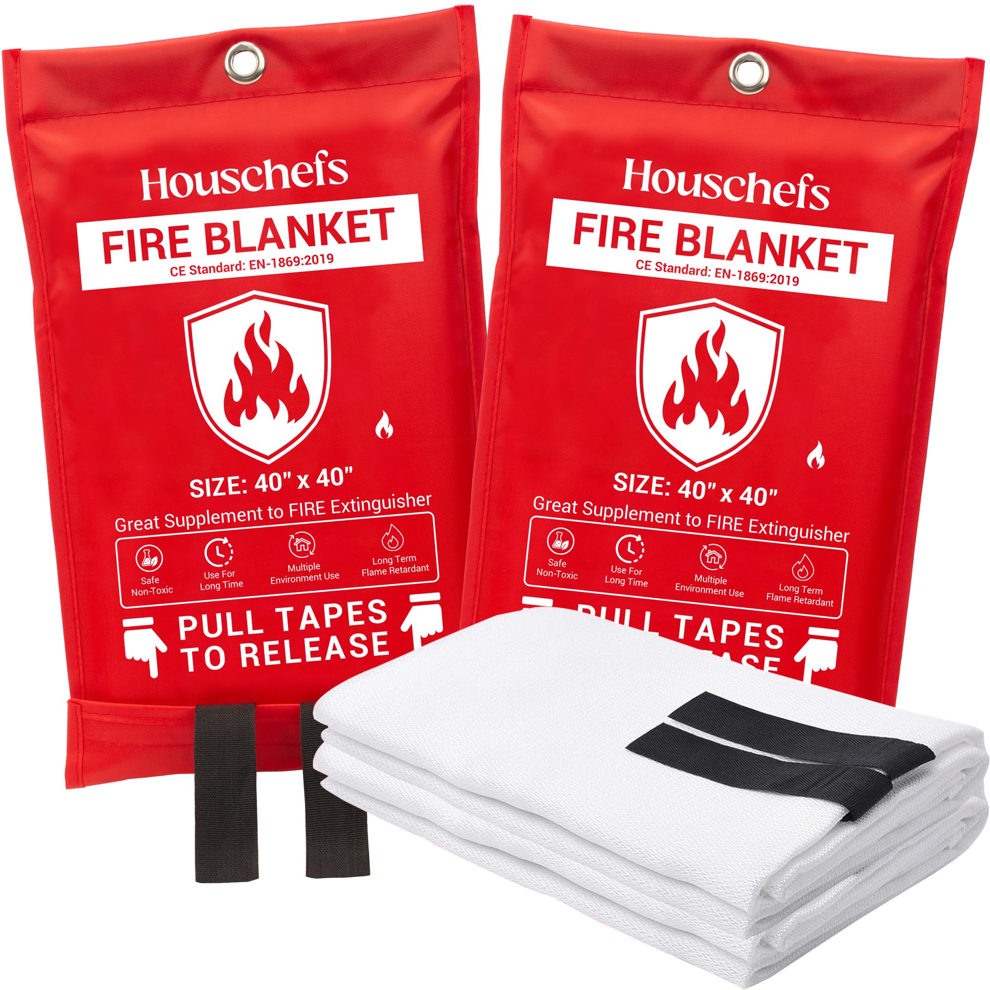 Houschefs Emergency Fire Blanket for Home and Kitchen - 2 Pack - Fire Suppression Blanket for Home Safety, 40” x 40” Fireproof Blanket for Grill, Camping, Fireplace, and Office Safety (Pack-02)