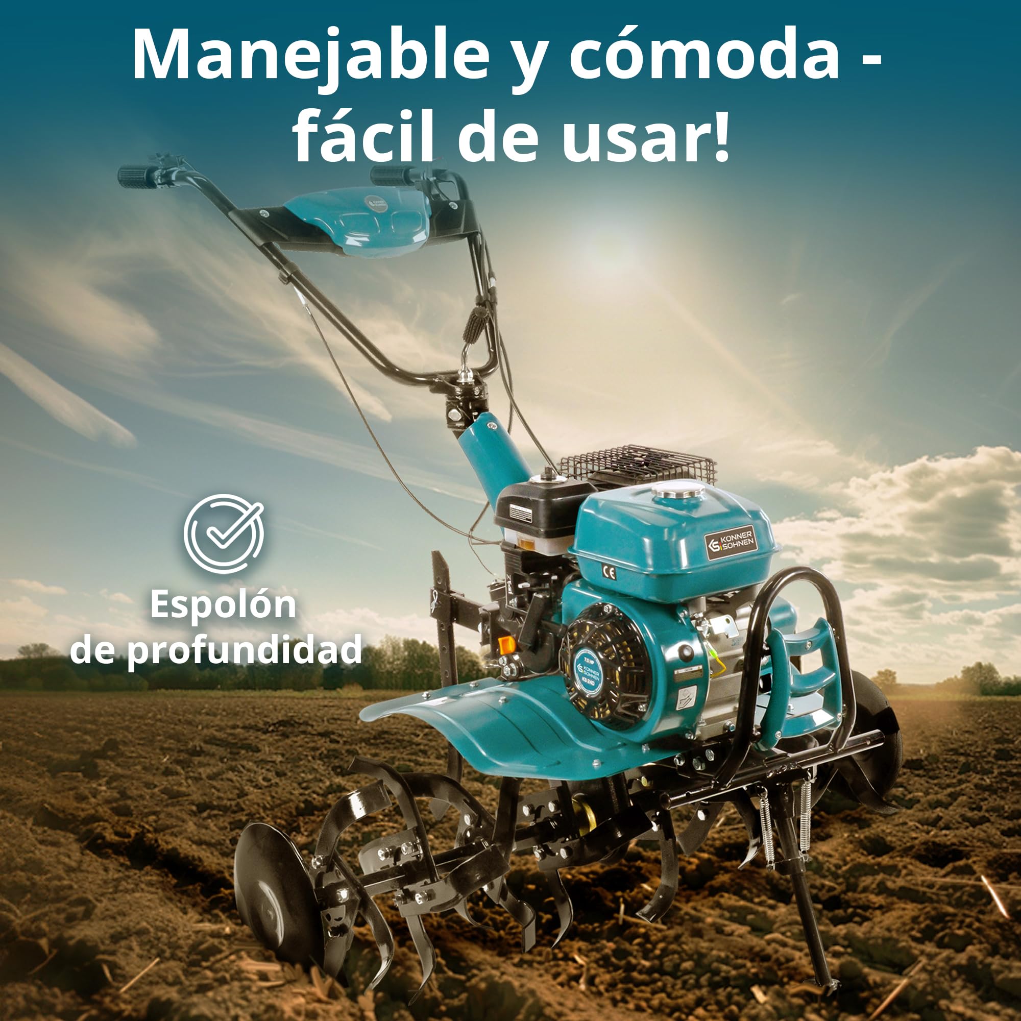 Könner & Söhner KS 7HP-950S - Azada de Gasolina, fresadora de jardín, accionamiento por Cadena, fresadora de Sable forjada, 2 Marchas hacia adelante, Marcha atrás, Ancho de Trabajo de 108 cm