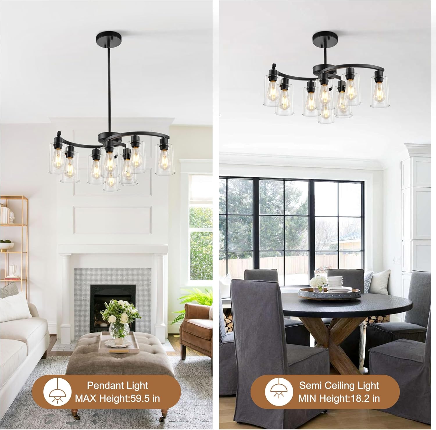 Sigaitwei 9-Light Modern Farmhouse Chandelier，29.5" Black Dining Room Light Fixture，Industrial Pendant Lights Kitchen Island,Metal Bracket with Downward Clear Glass Shade
