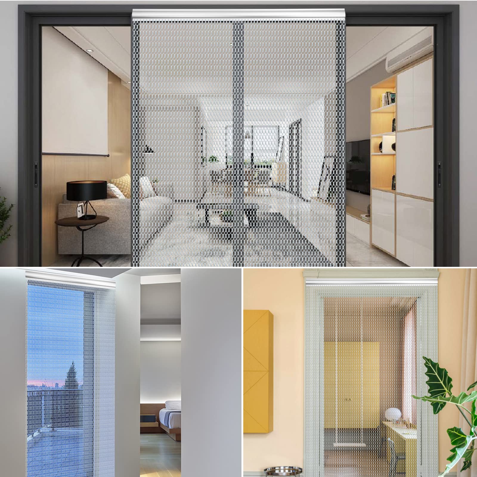 Rideau à chaînes en Aluminium, 100×210cm Écrans de Porte à Rideau de chaîne pour Décoration des Portes, Volant en Métal Stores Anti-Insectes Antiparasitaire (Argent)
