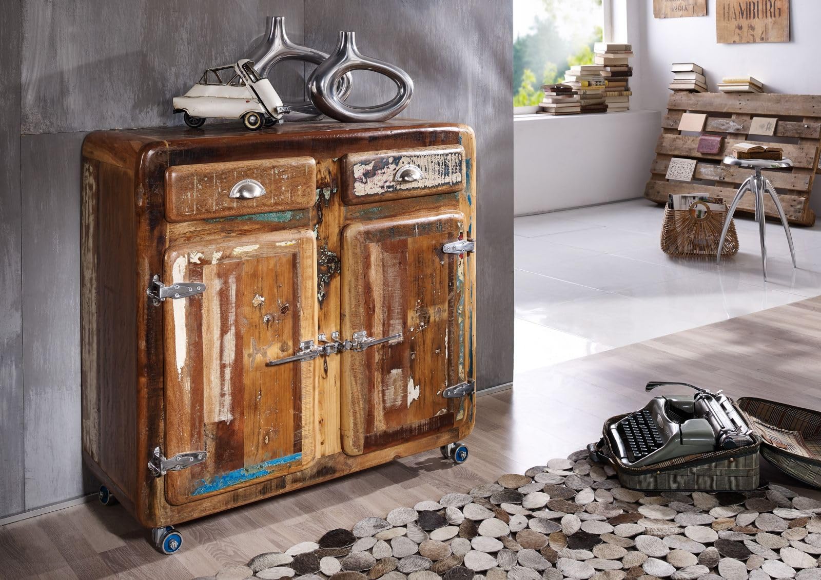 MASSIVMOEBEL24.DE | FREEZY Kommode aus Massivholz und Eisen #37 Altholz - Mehrfarbig, lackiert Industrial-Stil 90x40x90 cm Kommode aus Massivholz Vollholzkommode