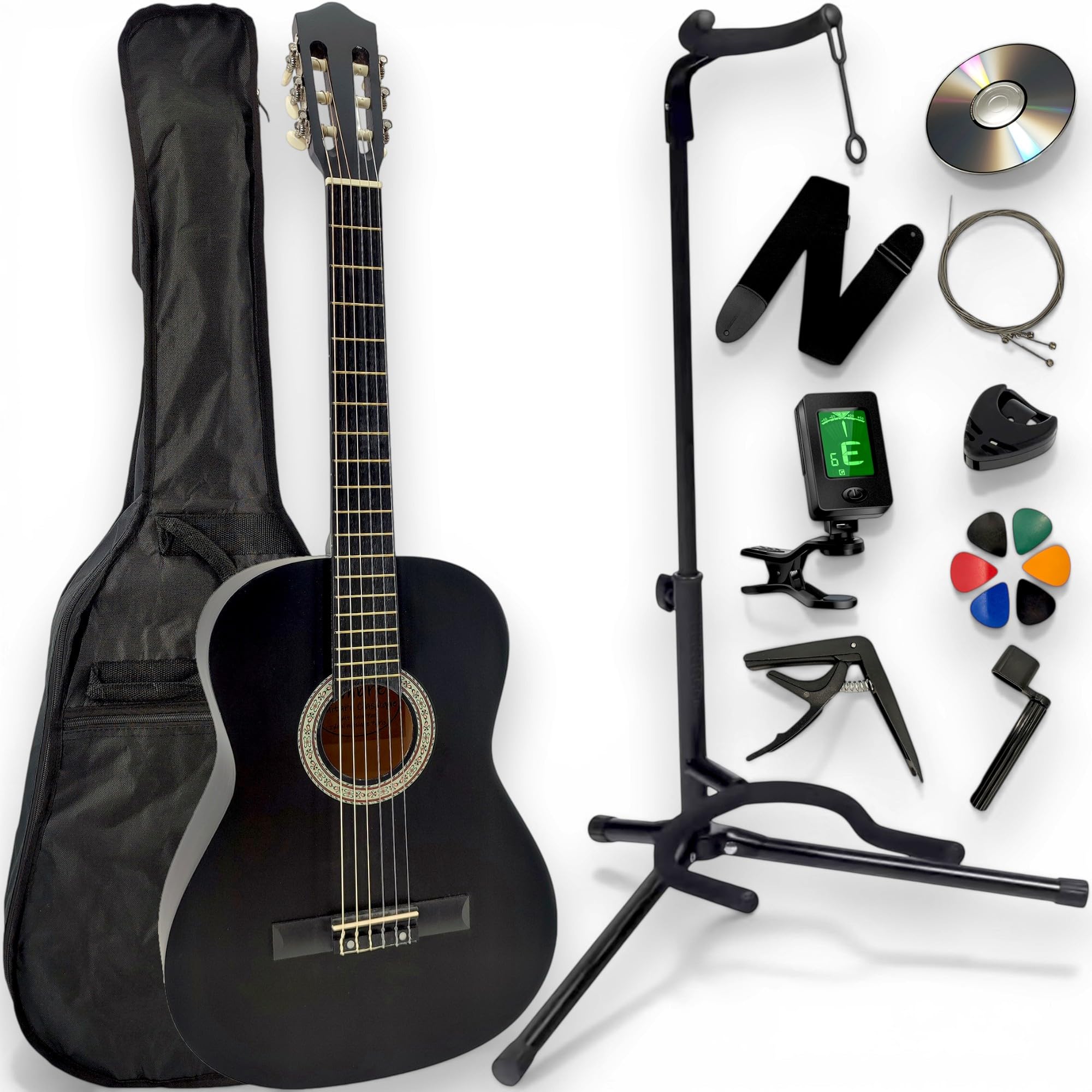 Pack Guitare Classique 4/4 Droitier + Support Pied + Housse Sac à Dos + 11 Accessoires + CD & Cours Vidéo (Noir, 4/4, Droitier)