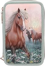 Depesche 13403 Miss Melody Romantic Fields Filled 3-Compartment Pencil Case in Green, with Horse Motif, Flowers and Glitter, Pencil Case with Colouring Pencils, Ruler, Scissors and much more