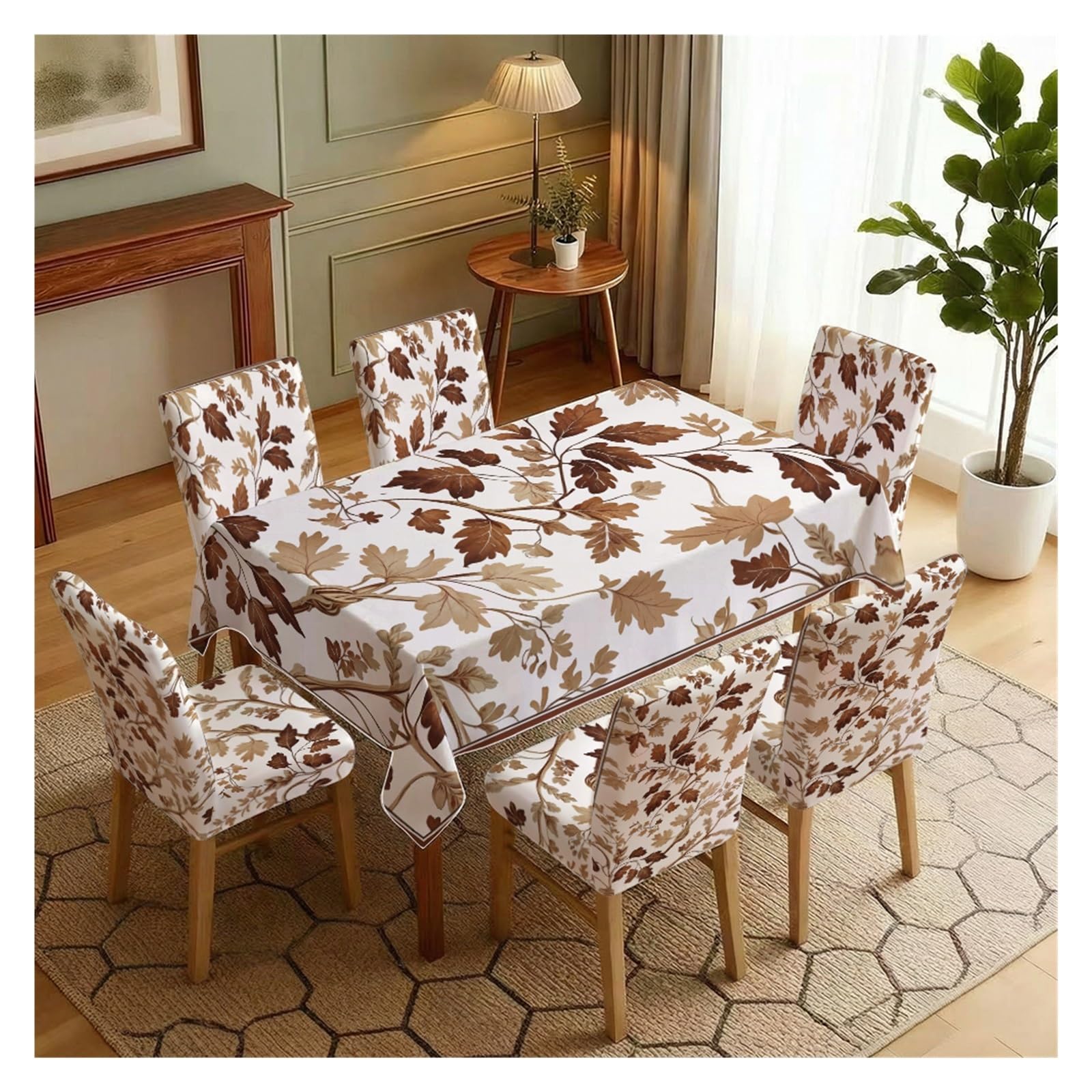 KXUAUV Stretch Dining Chair Slipcover & Tablecloth Set, Vintage Fall Autumn Leaf Print, 5/7 Pack, Farmhouse Seasonal Dining Home Decor Party Decor(7pcs Set: Tablecloth+Chair Covers)