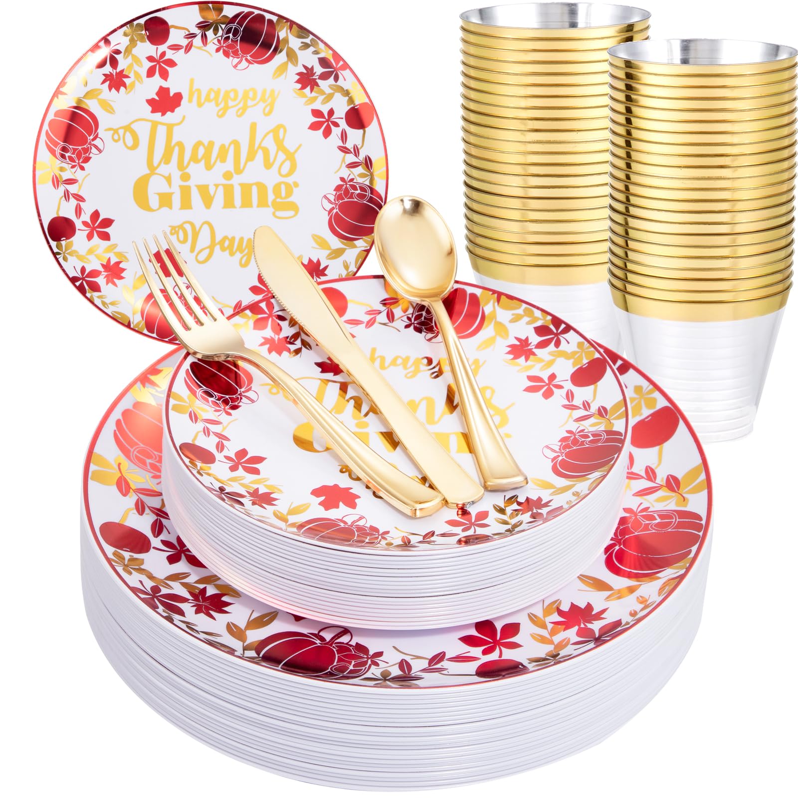 WELLIFE 180Pcs Thanksgiving Plastic Plates with Pumpkins Design, Includes:30 Thanksgiving Dinner Plates, 30 Thanksgiving Dessert Plates, 90 Gold Plastic Silverware and 30 Pcs 9oz Gold Plastic Cups