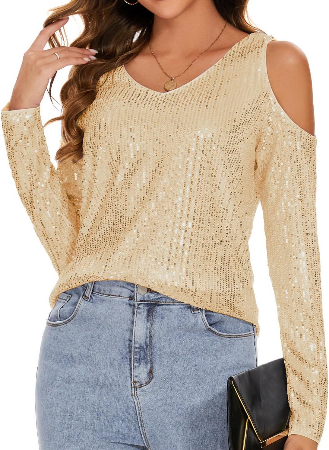 Womens Sparkly Sequin Top V Neck Cold Shoulder Glitter Long Sleeve