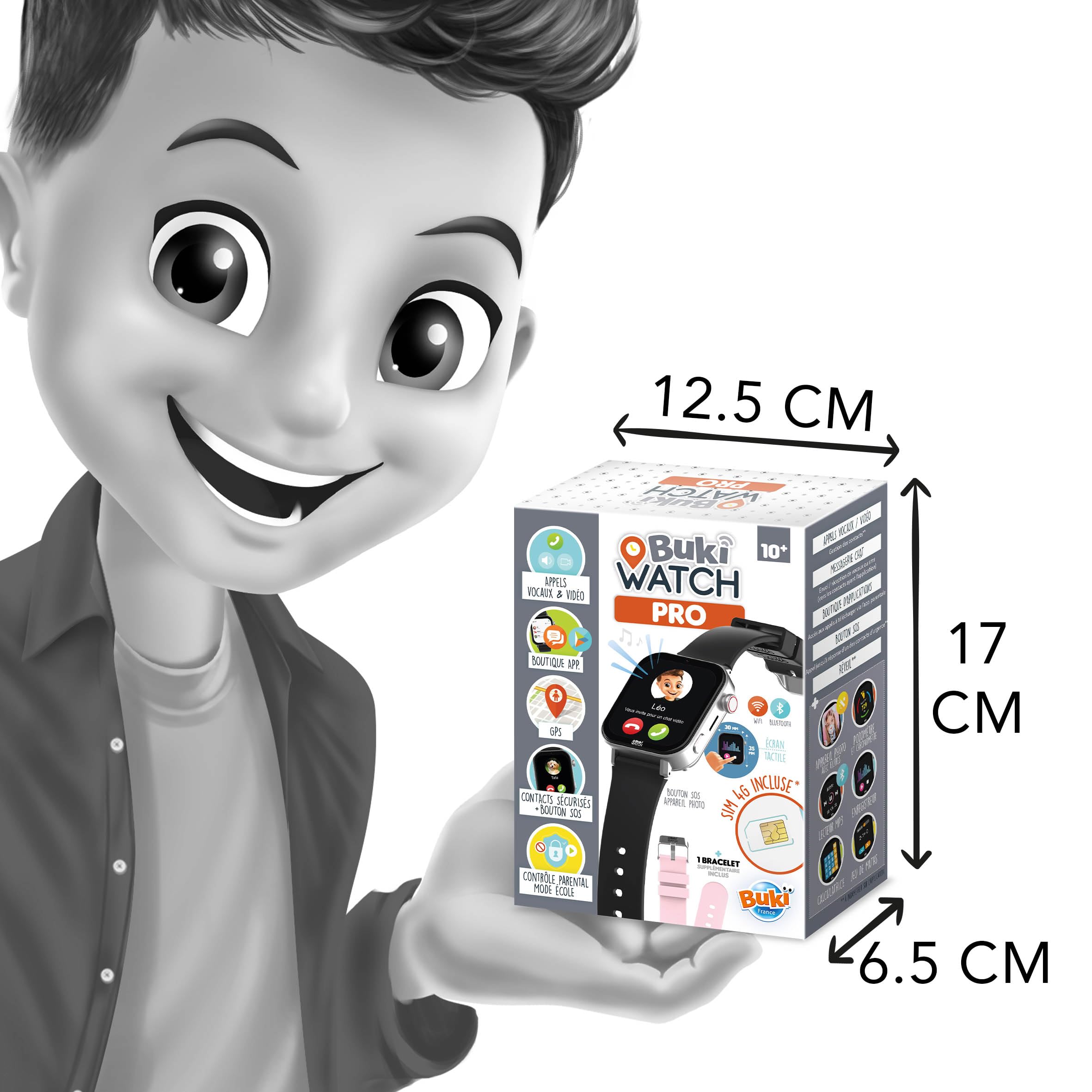 BUKI FRANCE - Montre Connectée Enfant Carte SIM Incluse – Appels, GPS, Vidéo, WiFi, Bluetooth – Bouton SOS, Application Parentale – Idéal Premier Téléphone - BUKI WATCH PRO - PRO01 - FRANCE UNIQUEMENT