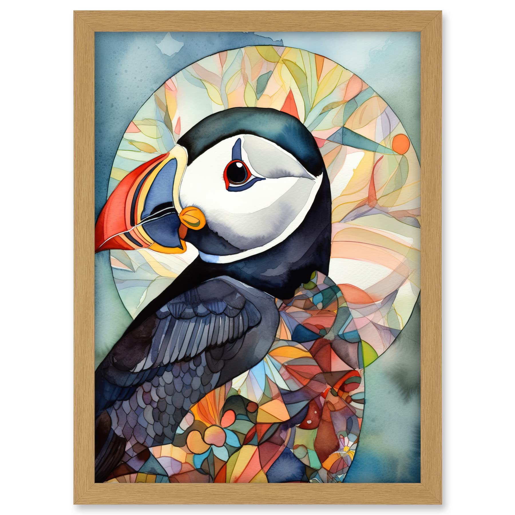 Artery8 Puffin Bird Portrait Folk Art Artwork Framed A3 Wall Art Print