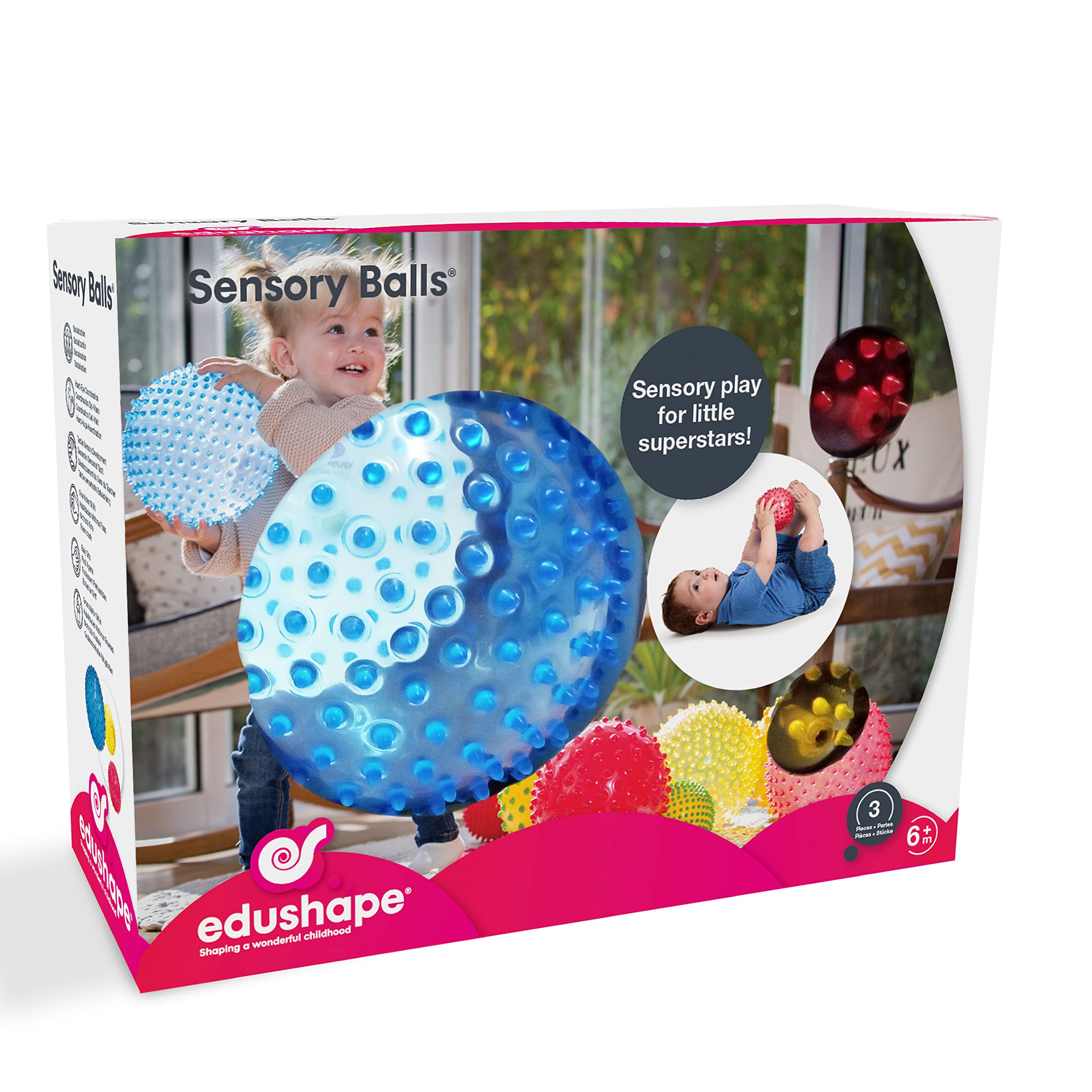 EdushapeOriginal Sensory Balls - Pack of 3 Colorful Baby Balls and Toddler Ball; Enhances Gross Motor Skills for Kids 6 Months and Up
