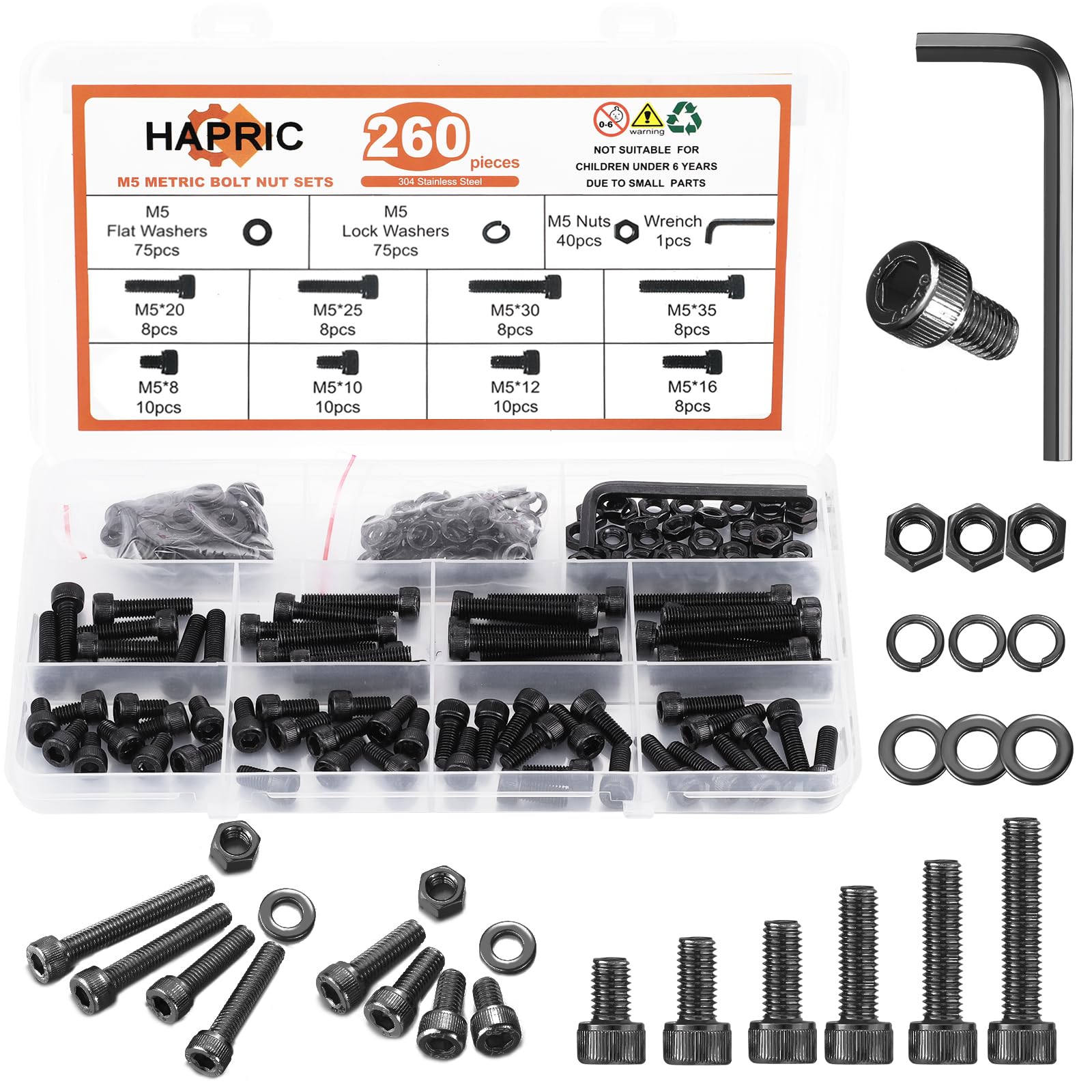 260 Pcs M5 Screws Assortment Kit, M5x 8/10/12/16/20/25/30/35mm M5 Bolts Kit 12.9 Alloy Steel Nuts and Bolts Assortment Kit Black Zinc Plated Hex Socket Head Screws Nuts Bolts and Washers Set