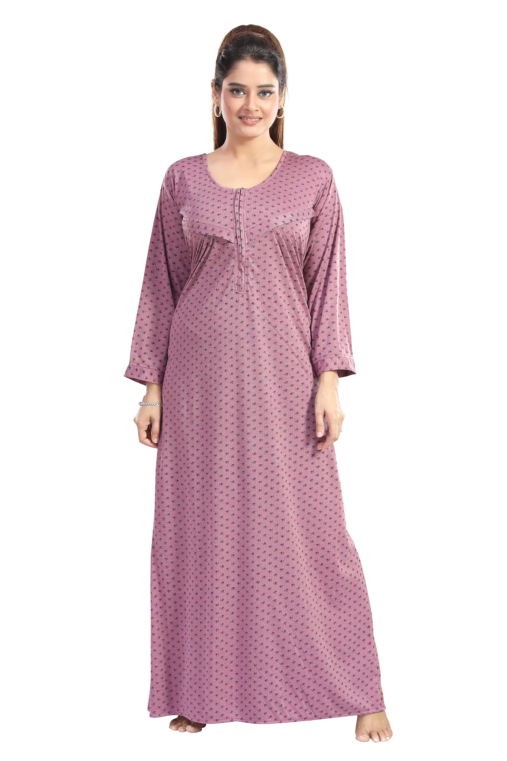 Women's- Full Sleeves-Feeding- Nursing- Maternity Nighty/Maxi/Gown/Nightdress/Nightwear- Hosiery Cotton Fabric- Floral Print- Embroidery with Zip--image-34