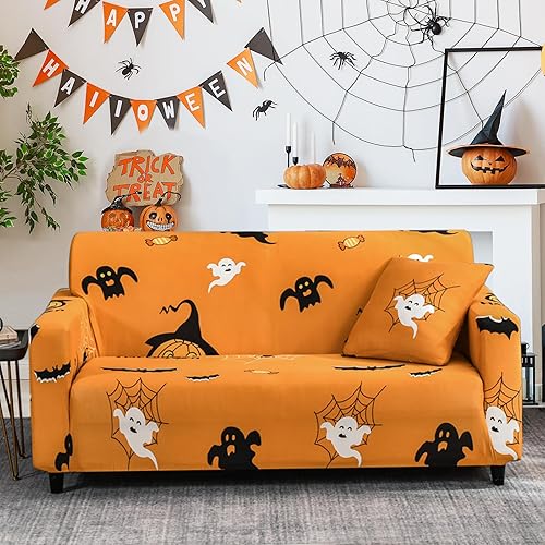 Mybedsoul Funda de sofá con estampado de Halloween, funda elástica de fantasma, lavable a máquina, temática de Halloween, funda negra para sofá para
