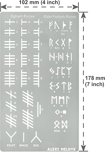 Miniatura 4 de Aleks Melnyk No.421 Plantilla de metal, runas Elder Futhark y Ogham, Alfabeto antiguo, alfabeto mágico de sigil, plantilla de letras para leña,