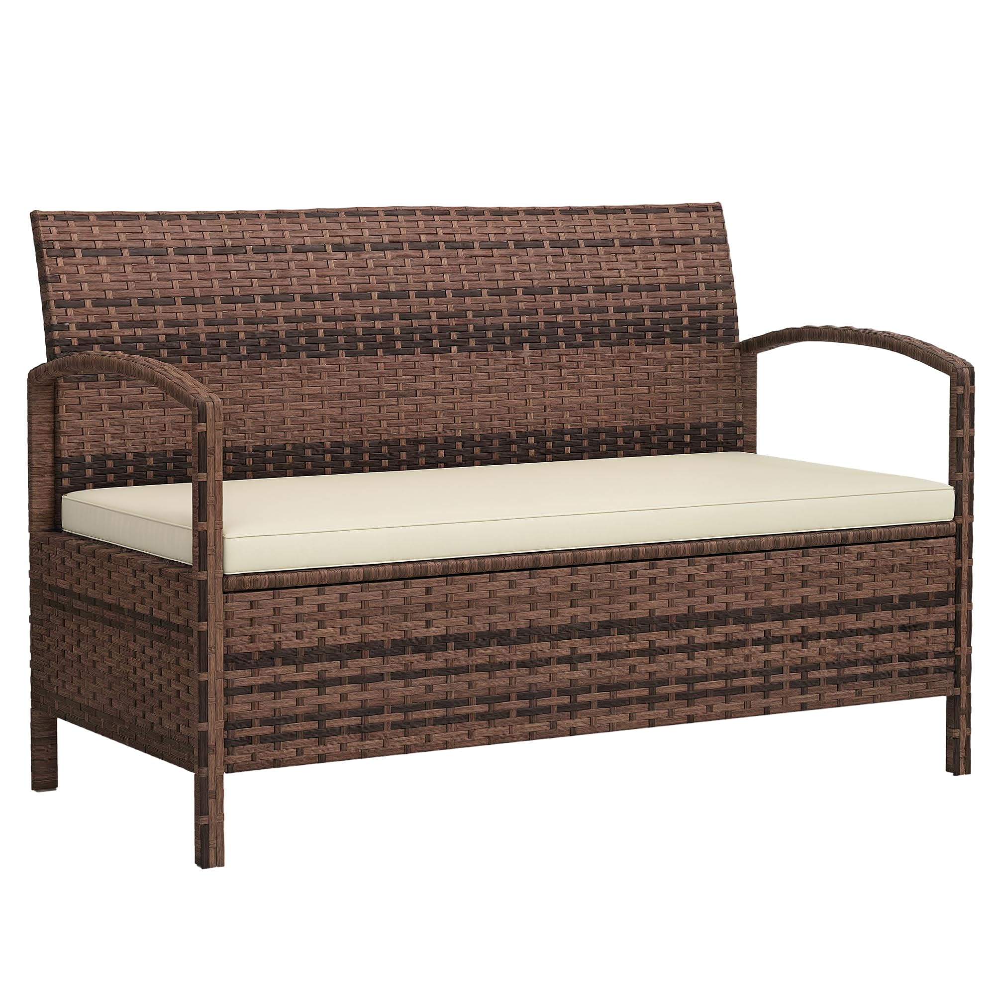 Outsunny Unisex Brown Rattan Garden Bench W/ 125L Storage, Cushioned Outdoor Bench,