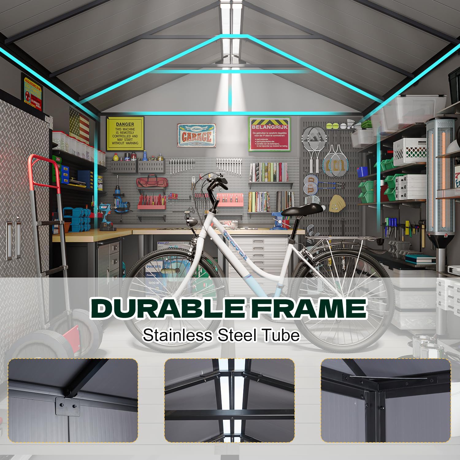 Shed roof with integrated rain gutter design, showing water runoff and UV resistance.