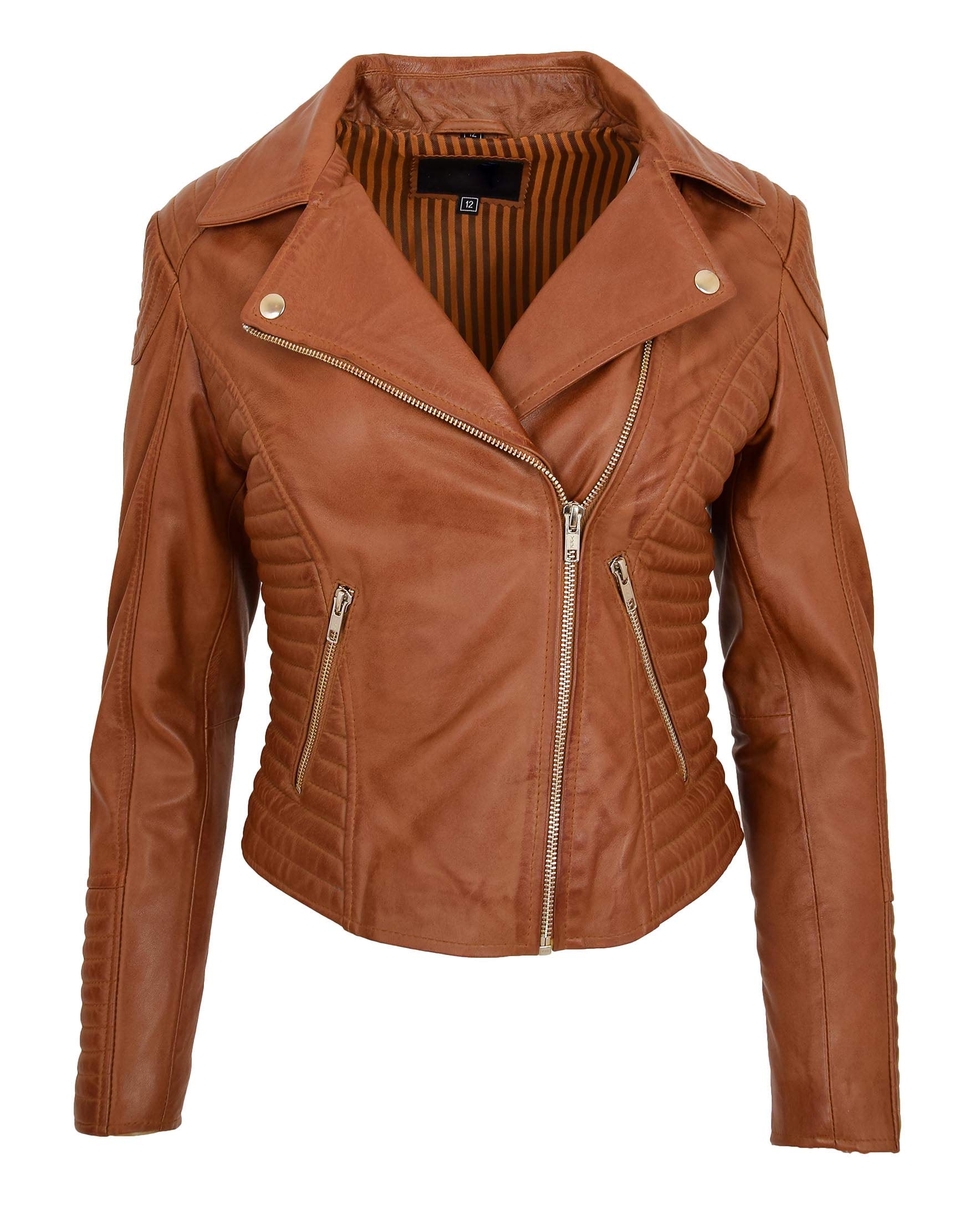 Womens Real Leather Biker Jacket Cross Zip Slim Fit Style Anna (8, Tan)