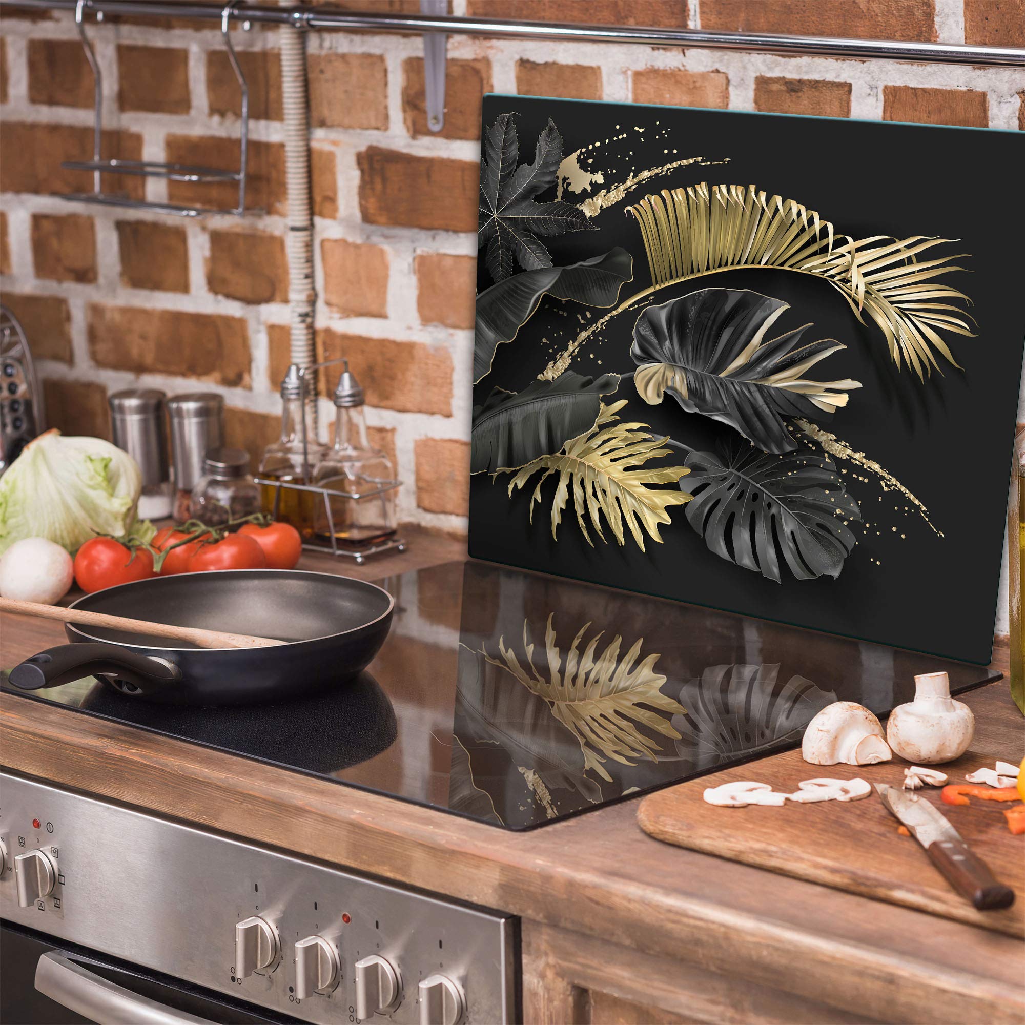 TMK - Plaque de protection en verre - 60 x 52 cm - Pour cuisinière électrique - Protection contre les éclaboussures - Plaque en verre - Décoration - Planche à découper - Feuillage