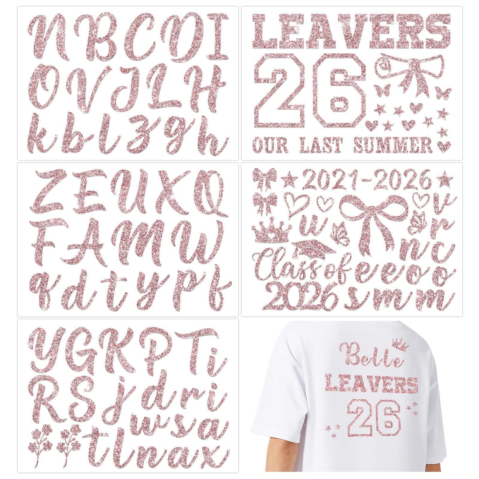 DOORIO 5 Sheets 2026 Leavers Iron on Transfers Class of 2026 Transfer Names Glitter DIY Leavers Shirt Decoration Graduation Transfers for Clothing T-Shirts Backpacks Jerseys (Rose Gold)