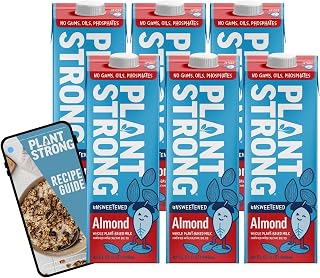 PLANTSTRONG Unsweetened Whole Almond Milk 6-Pack 32oz - Fortified Calcium B12 D3, No Gums Oils, Vegan Non-GMO Gluten-Free + Recipe Guide