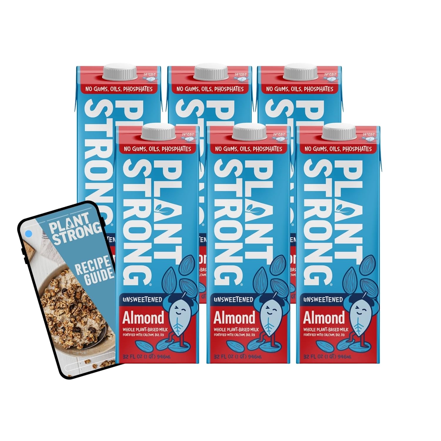 PLANTSTRONG MILK Unsweetened Almond – Whole Plant-Based Milk, Fortified with Calcium, B12 & D3, No Gums or Oils, Non-GMO Project Verified, Gluten Free, Vegan (6-Pack (32 Fl Oz Each)) + Recipe Guide