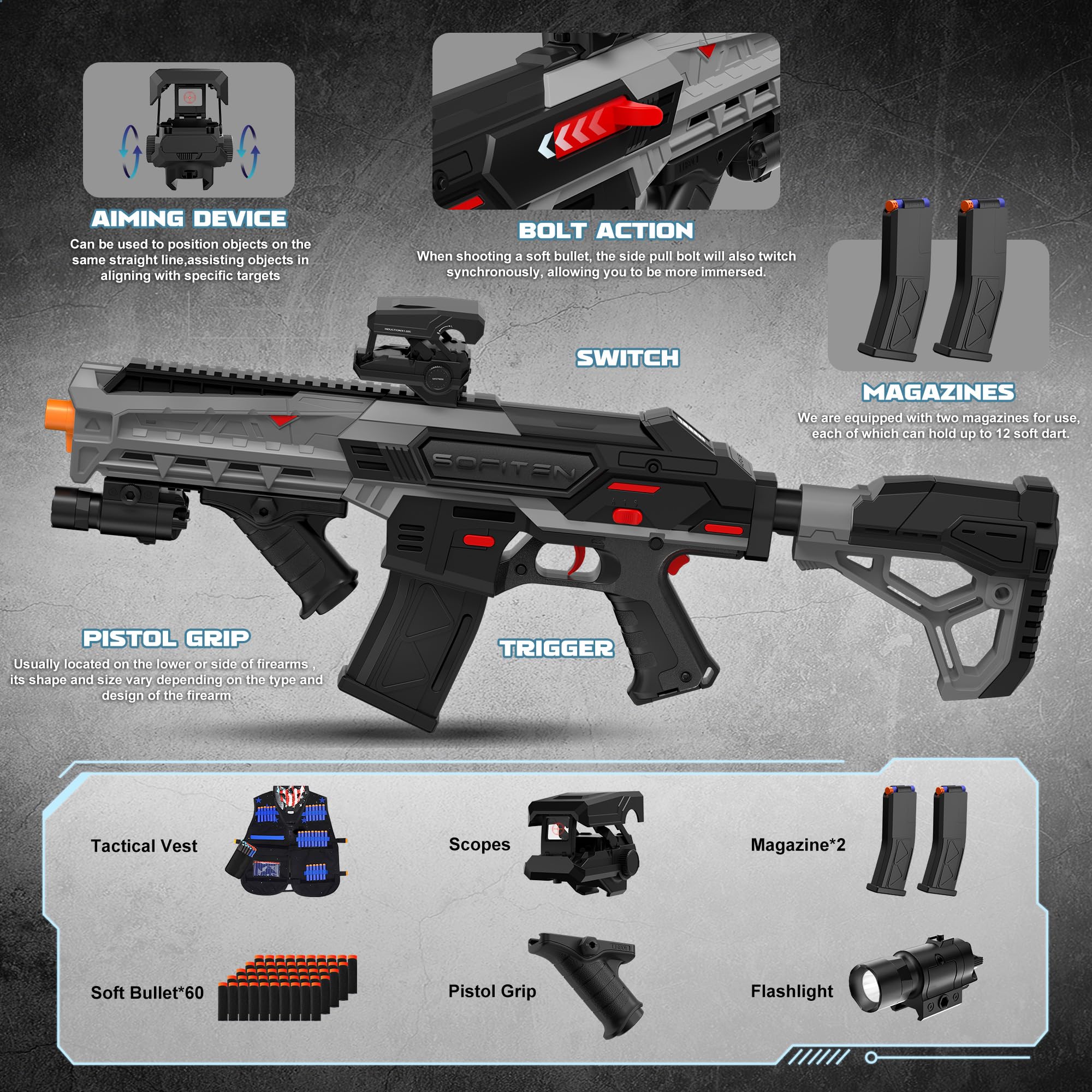 SOFITEN Toy Foam Blaster Guns Automatic Sniper Rifle Tactical Vest Toy Foam Blaster with 120 Darts IR and Flashlight The Shooting Outdoor Activity Game Gifts for 14+ Kids Men Birthday Xmas