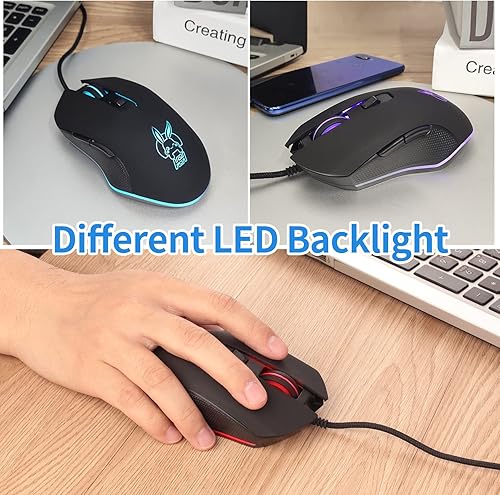 Miniatura 7 de IULONEE Ratón óptico con cable USB tipo C, silencioso para computadora, mouse óptico para juegos, ergonómico, 7 retroiluminación LED, 2400 DPI, 6