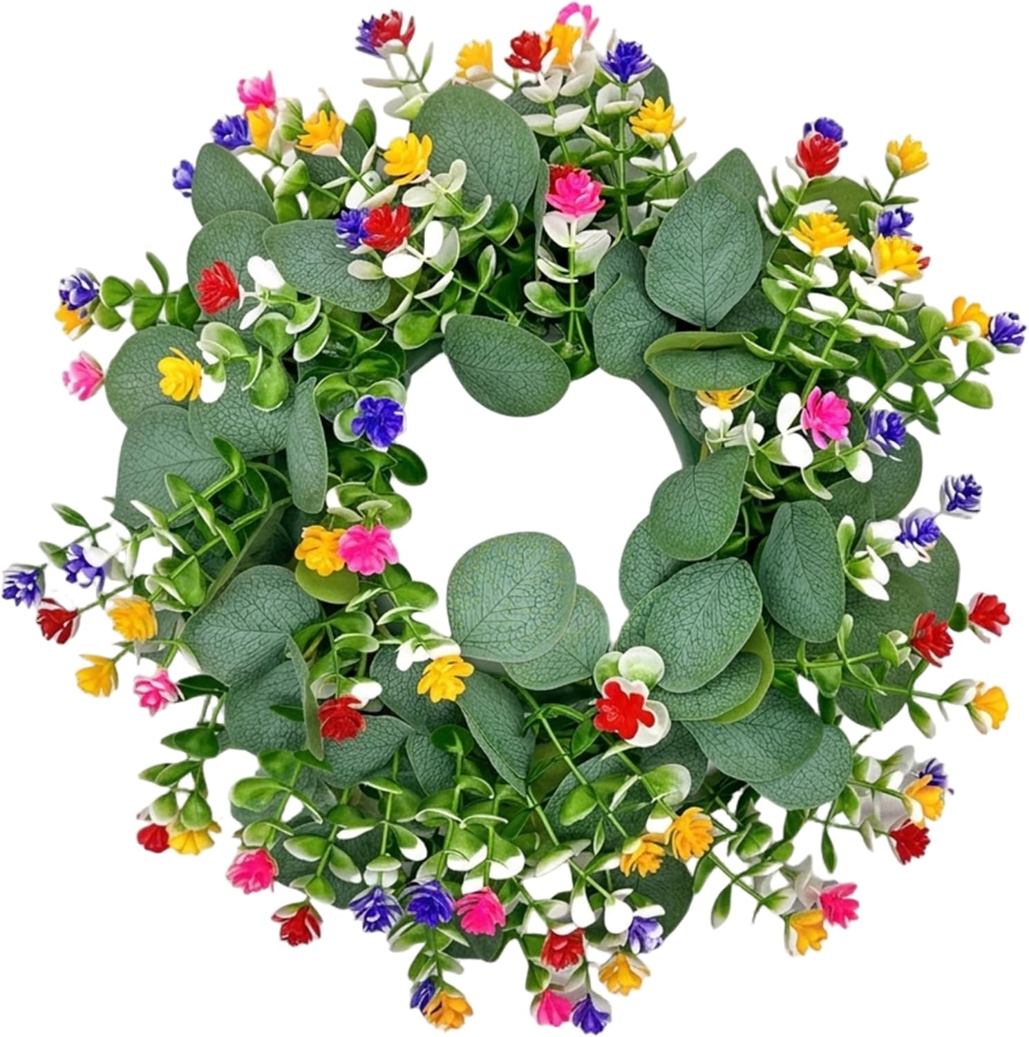 Spring Candle Rings, Decorative Wreath with Colorful Flowers and Eucalyptus Leaves, 14 Inch Floral Candle Wreath for Table Centerpiece and Home Decor.