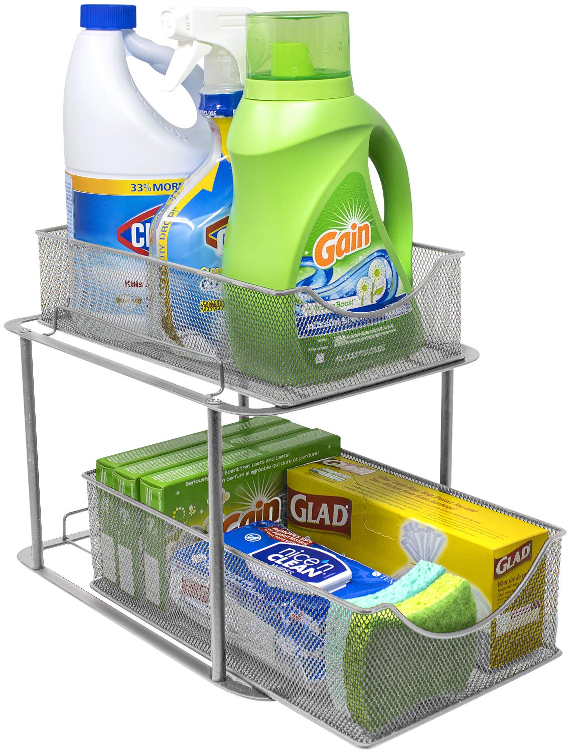 Sorbus 2 Tier Under the Sink Organizer Baskets with Mesh Sliding Drawers —Ideal for Cabinet, Countertop, Pantry, and Desktop, for Bathroom, Kitchen, Office, etc.—Made of Steel (Silver)