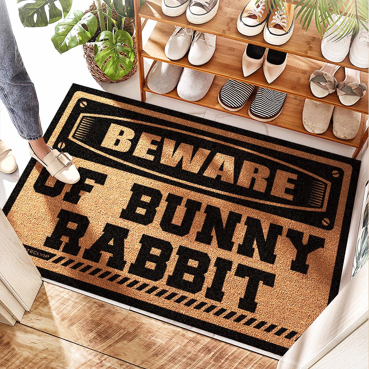 Tapis de bienvenue extérieur en caoutchouc motif lapin et drapeau américain pour entrée de maison