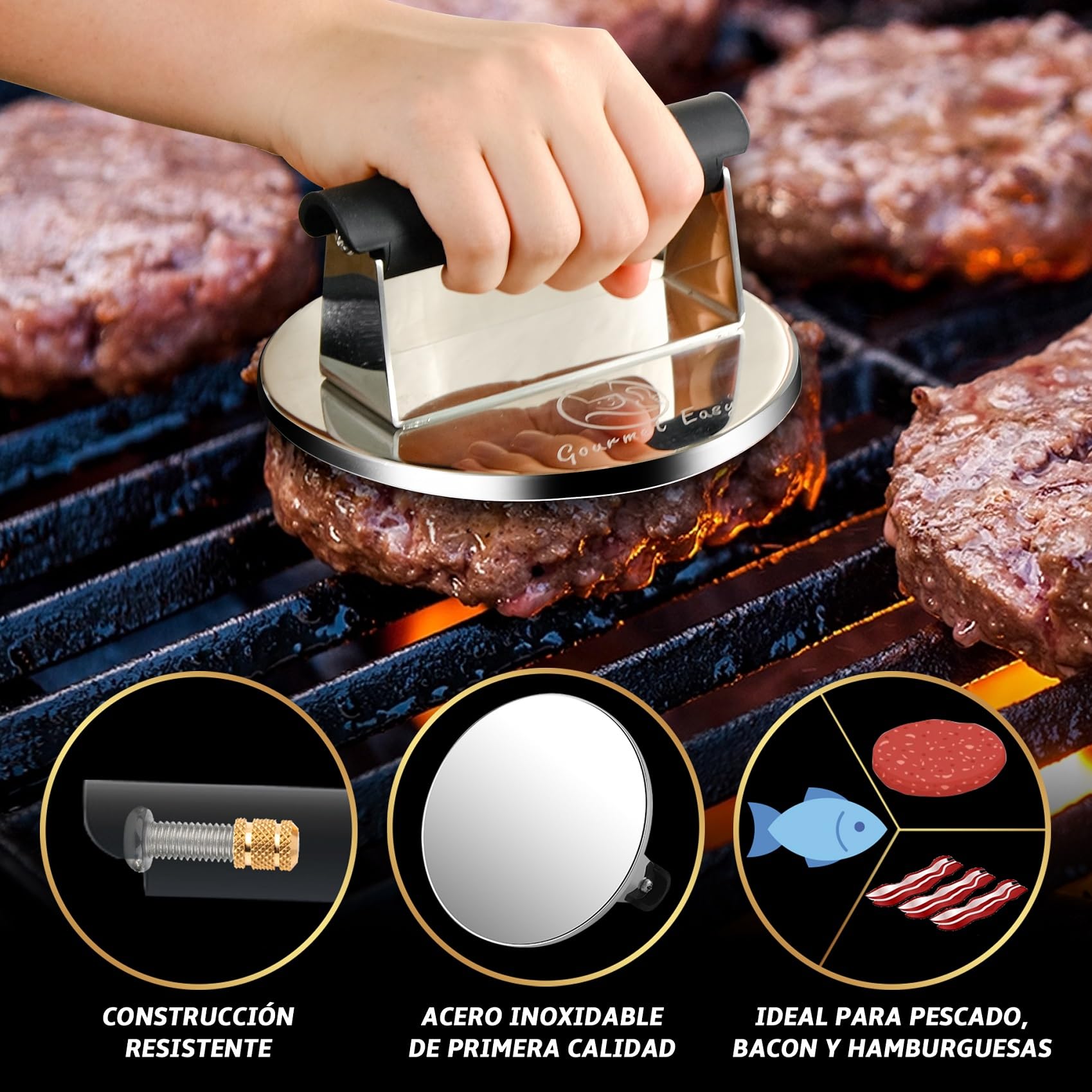 Prensa para hamburguesas de hierro fundido antiadherente | Prensa para hamburguesas para barbacoa | Prensa robusta para hamburguesas | Prensa para hamburguesas con mango resistente al calor